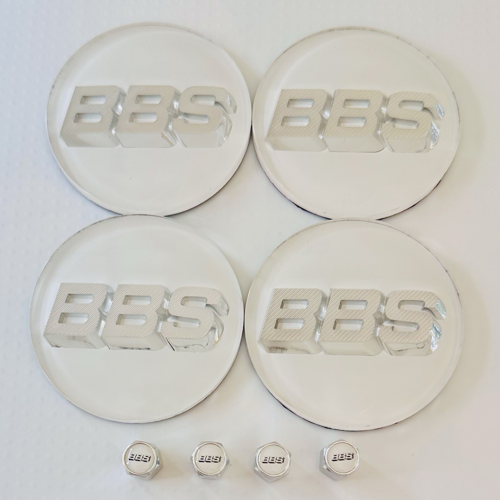 4pc 3D Silver White OEM BBS 70mm Center Caps 56.24.120 & 4pc Chrome Valve Caps
