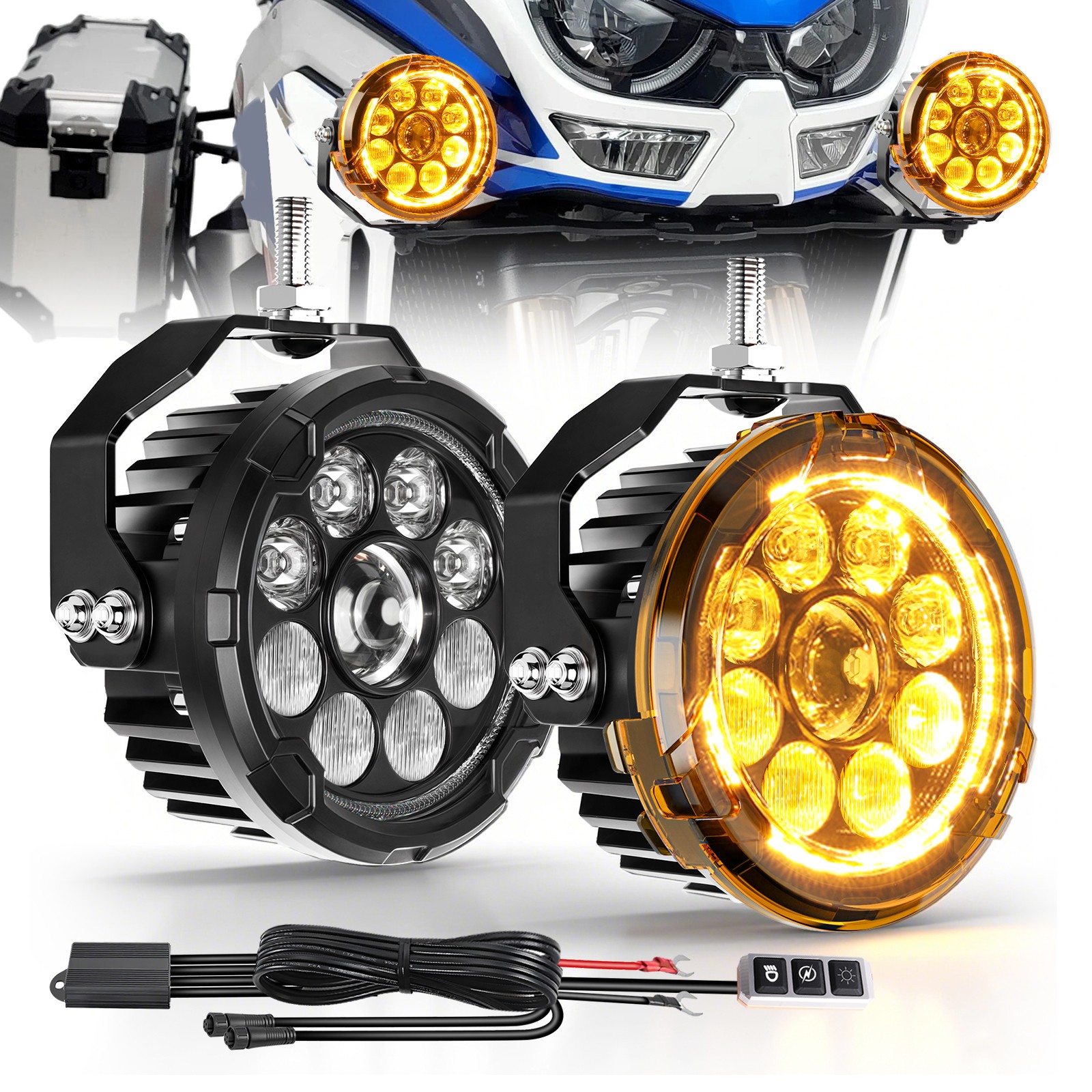 2X 4.5inch LED Headlight w/Amber DRL Hi-Low Beam For Motorcycle Auxiliary Lights