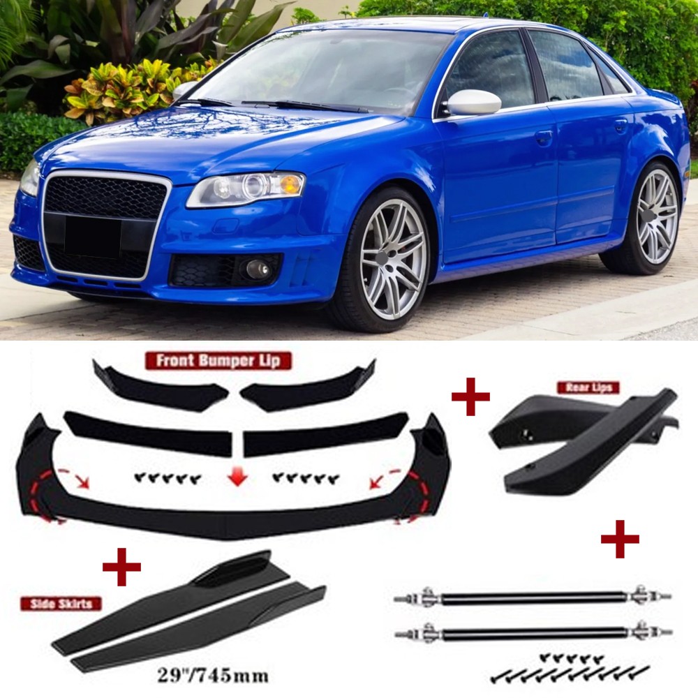 For Audi RS4 Glossy Black Front&Rear Bumper Lip Splitter+Side Skirts+Strut Rods