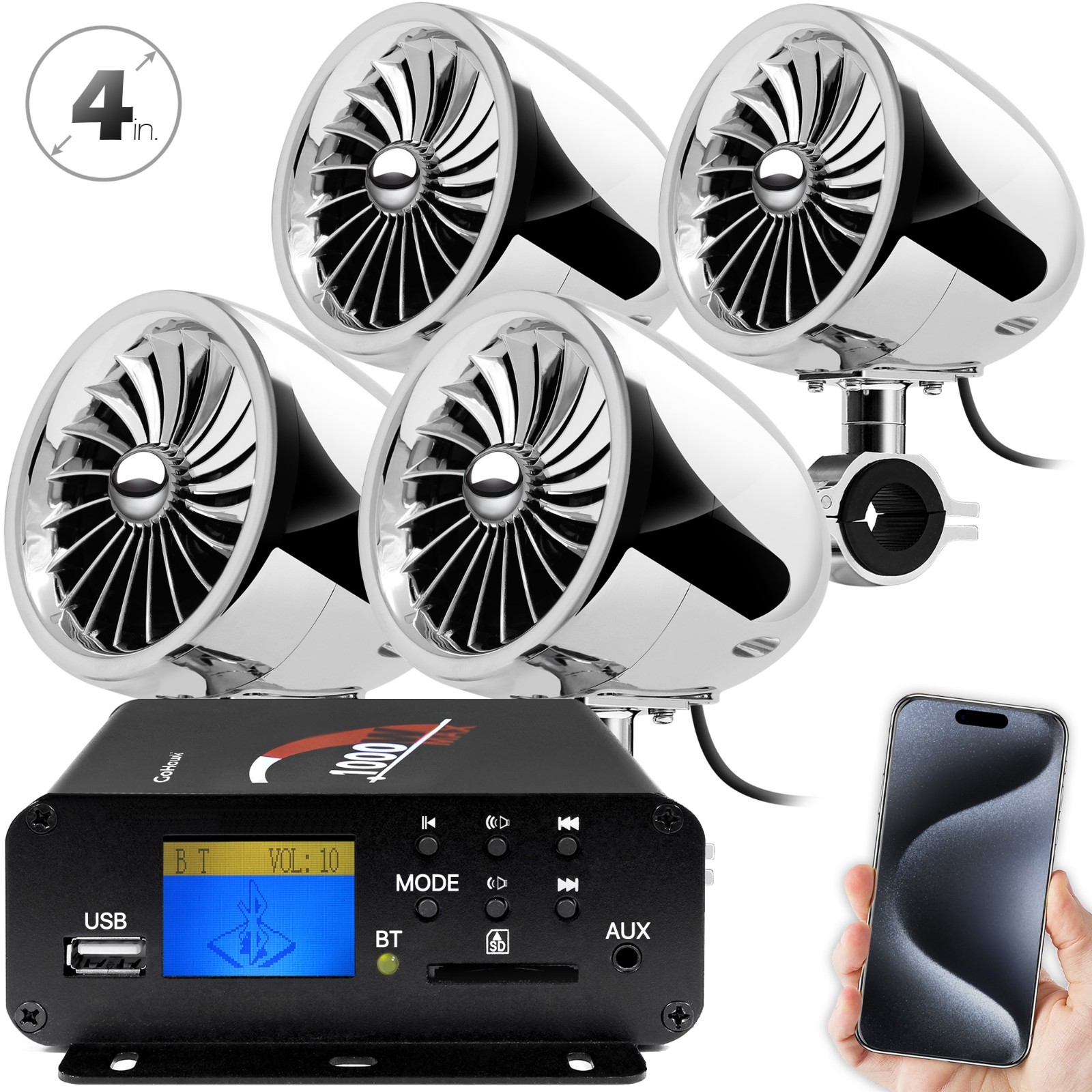 1000W Motorcycle Bluetooth 4 Speakers Stereo Audio System ATV UTV Can Am Polaris