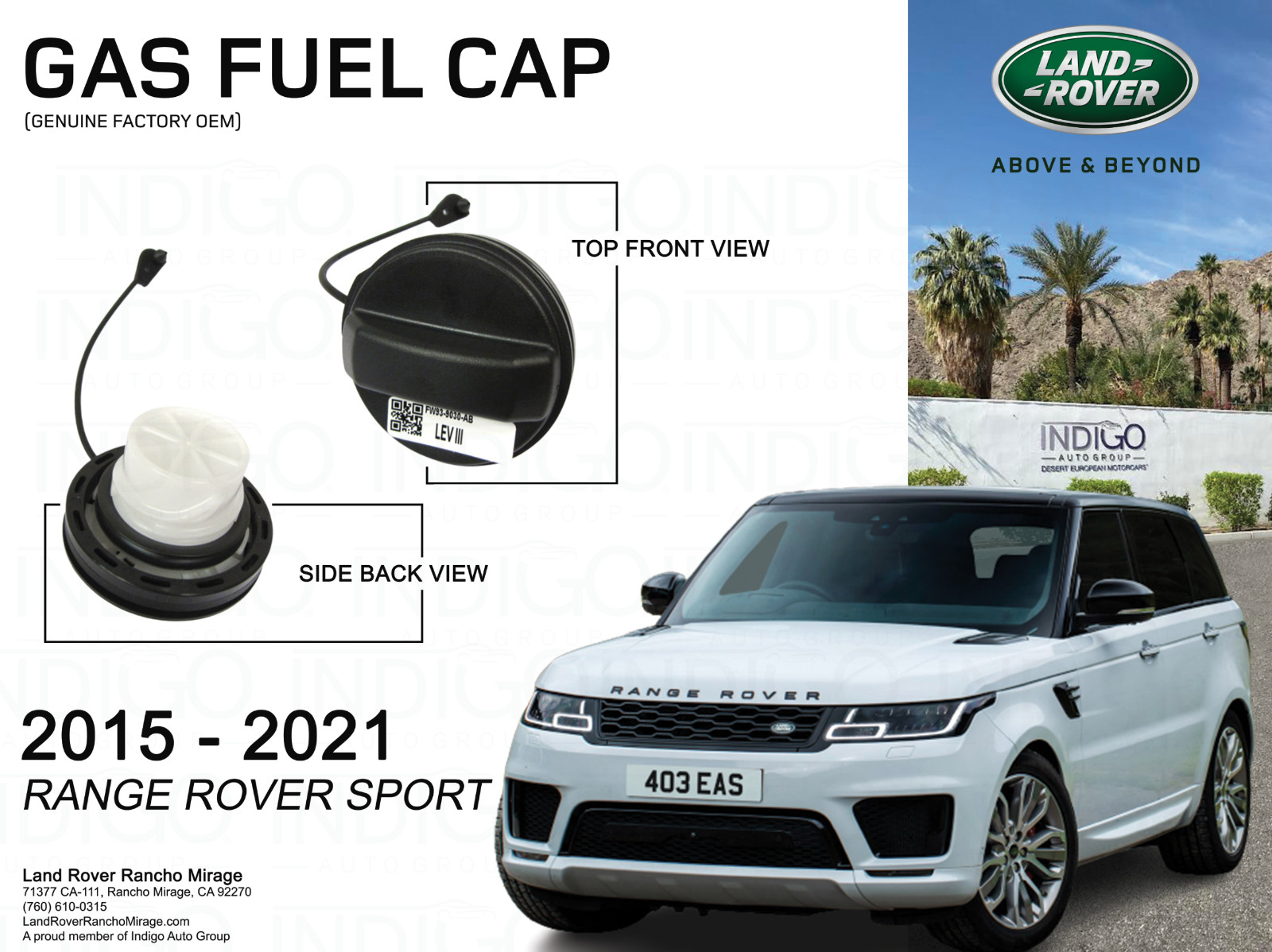 2015-2021 Range Rover Sport Gas Fuel Cap Genuine Factory OEM 	 LR178173-SPORT