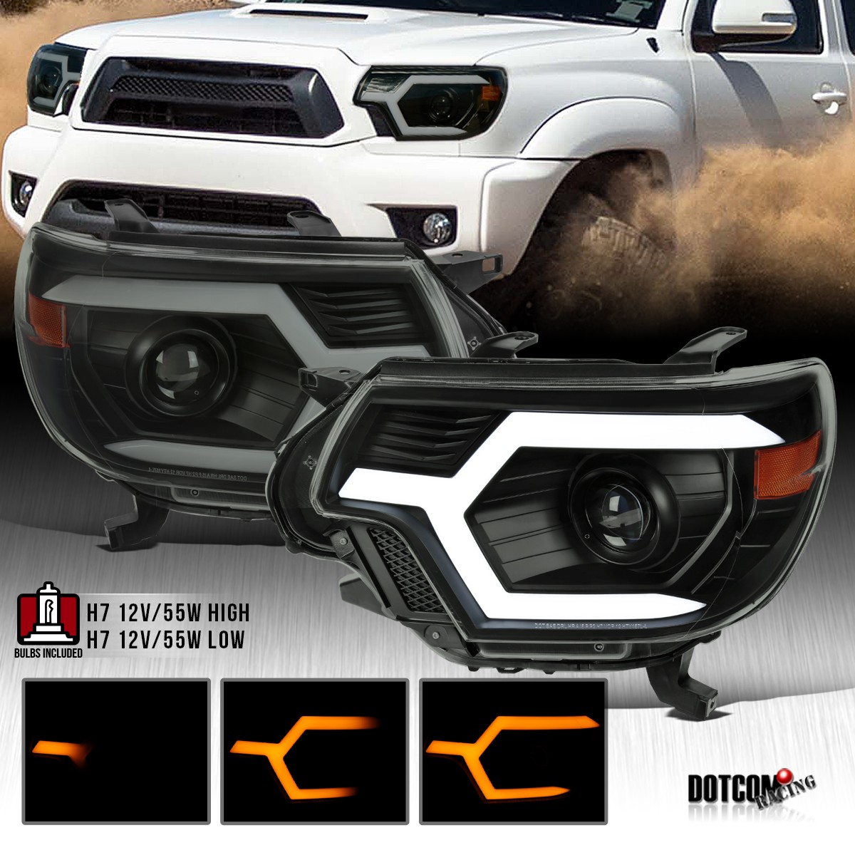 Fit 2012-2015 Toyota Tacoma Black Smoke Sequential LED Tube Projector Headlights
