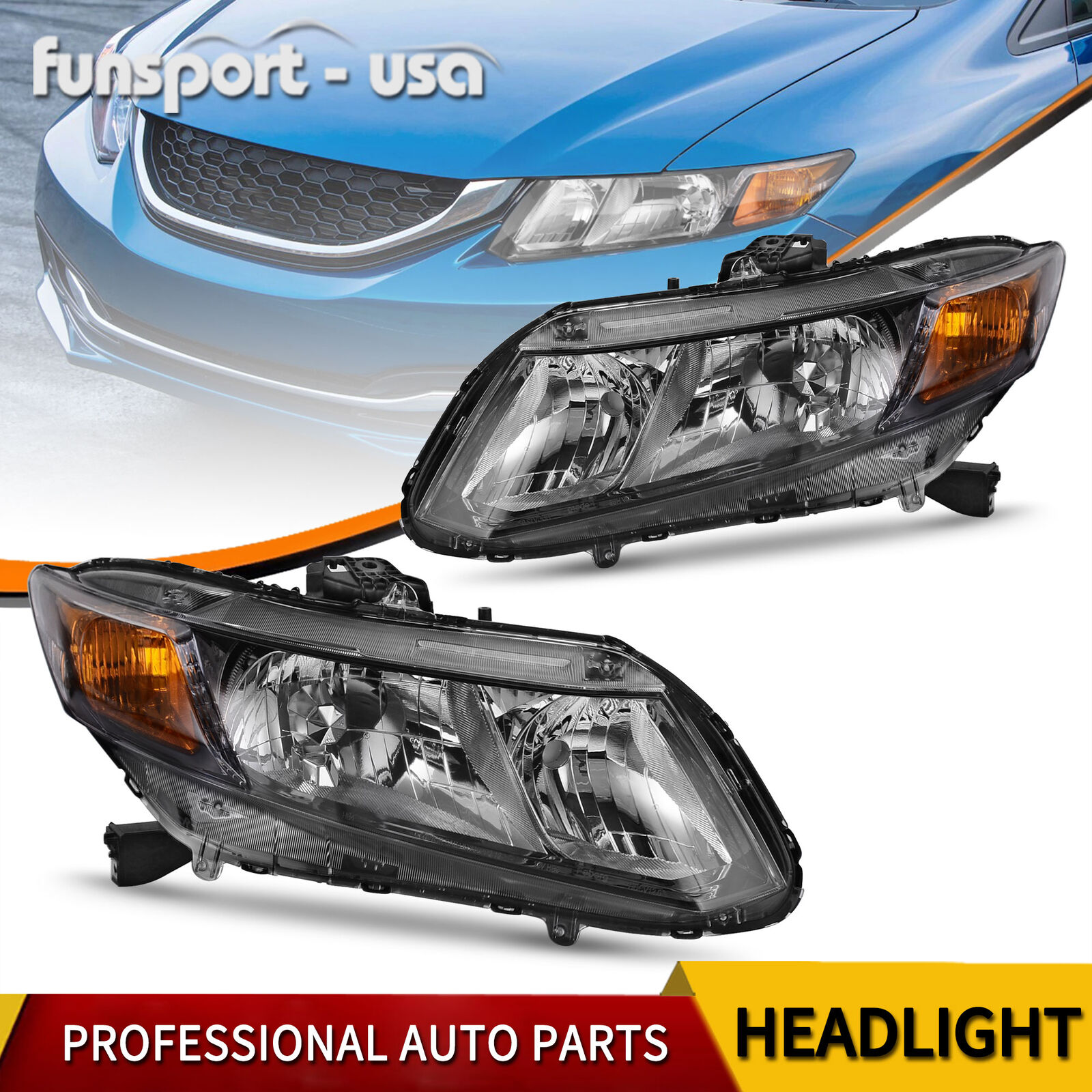 For 2012-2015 Honda Civic Black Housing Headlights Headlamps Assembly Left+Right