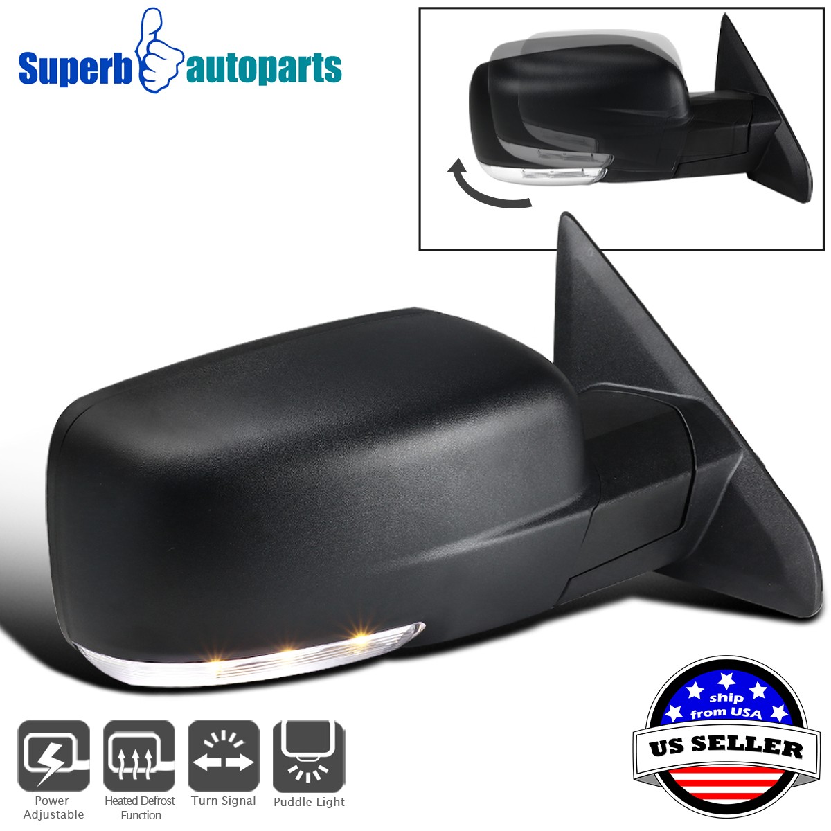 Fits 2009-2012 Ram 1500 Right Side Mirror w/ Power Heated & LED Signal Puddle