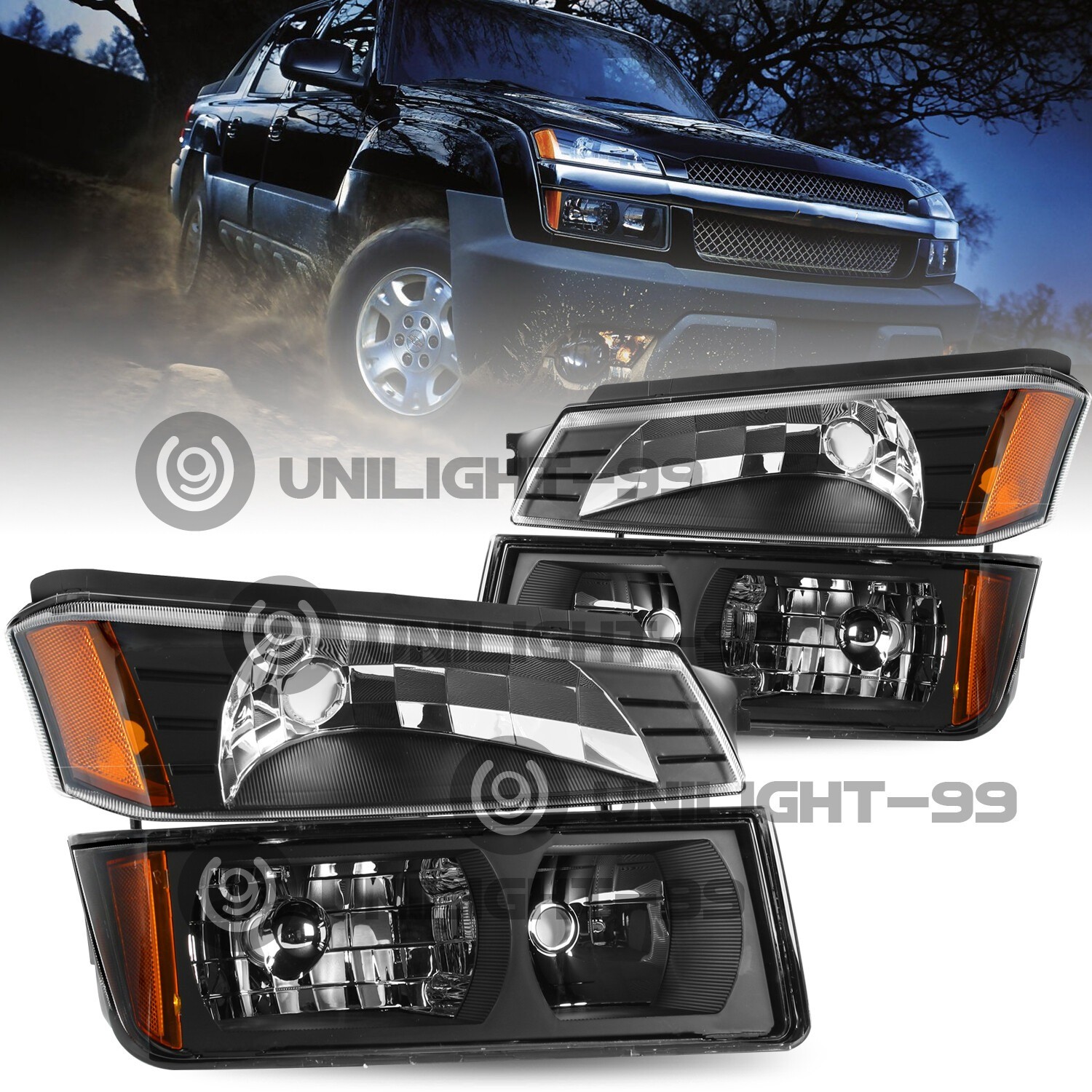 For 2002-2006 Black Chevy Avalanche Headlight+Bumper Lamp Set (w/ Body Cladding)
