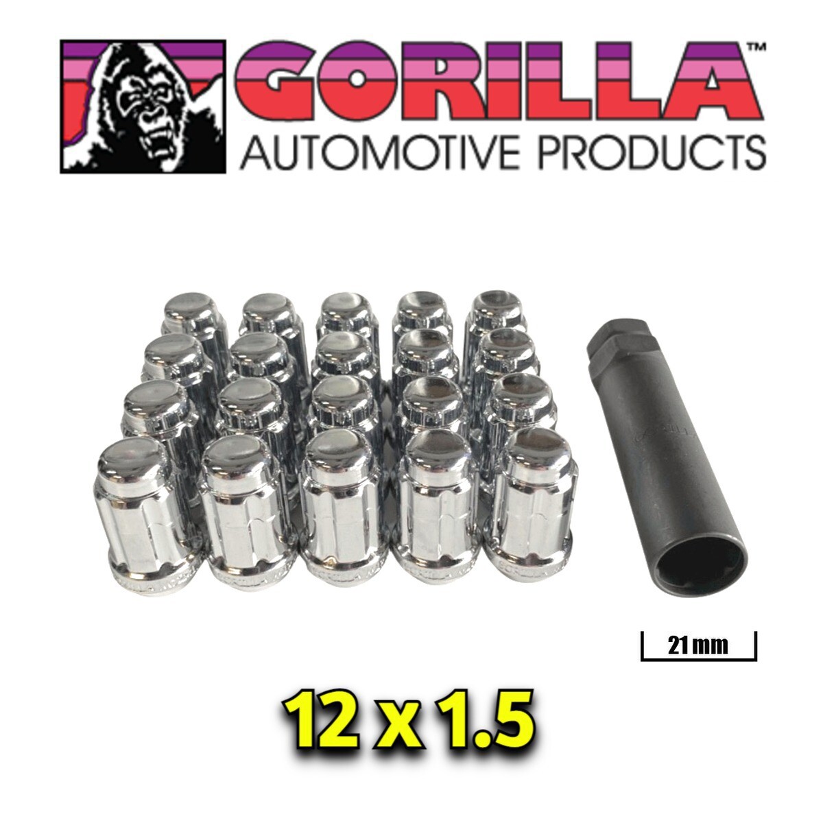 20 Gorilla Spline Tuner Lock Acorn CHROME Lug Nuts With Key 12x1.5 Wheels Rims H