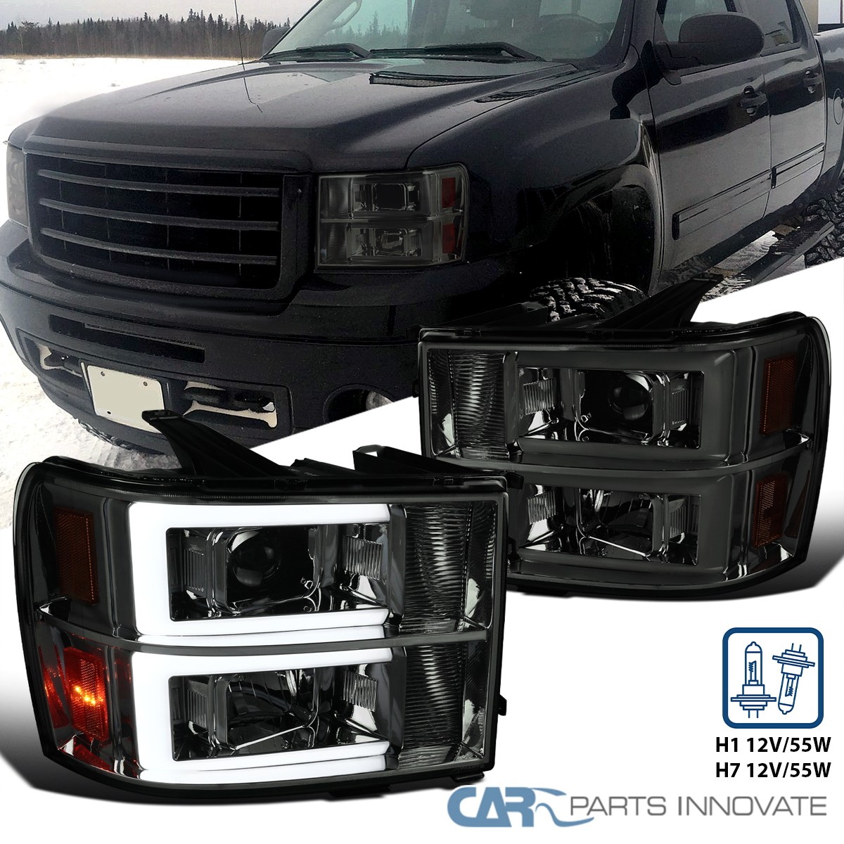 Fits 2007-2012 GMC Sierra 1500 2500HD LED Bar Smoke Projector Headlights Lamps