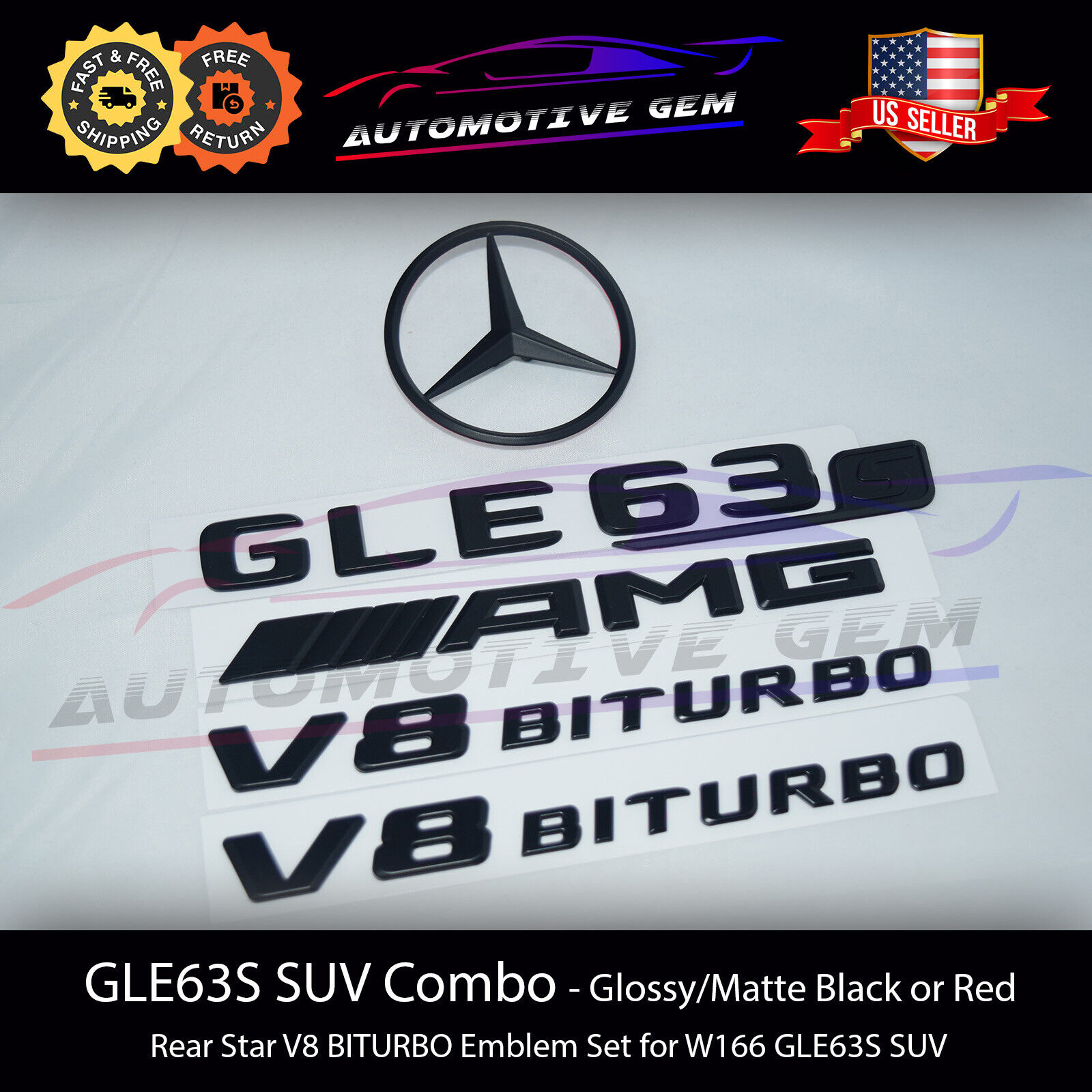 GLE63S SUV AMG V8 BITURBO Rear Star Emblem Black Badge Combo Set Mercedes W166