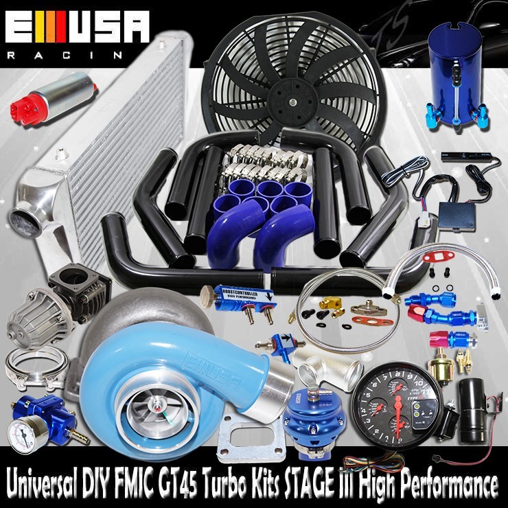 DIY Universal BLUE EMUSA GT45 Turbo Kit FMIC High Performance STAGE III