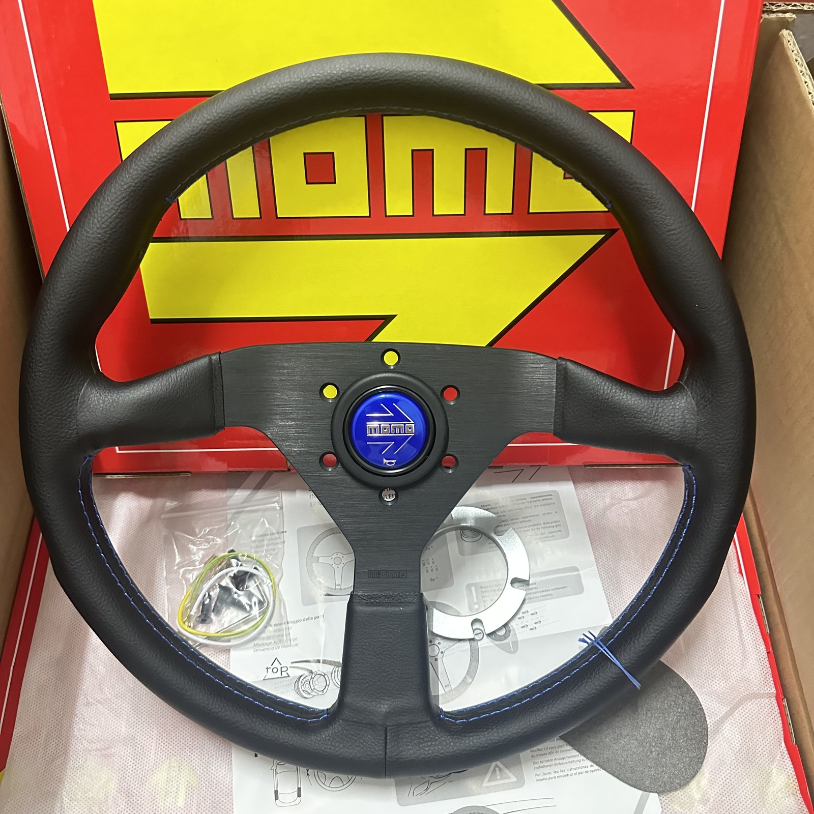 MOMO MonteCarlo 350MM Steering Wheel Black PU Leather with Blue Horn Button