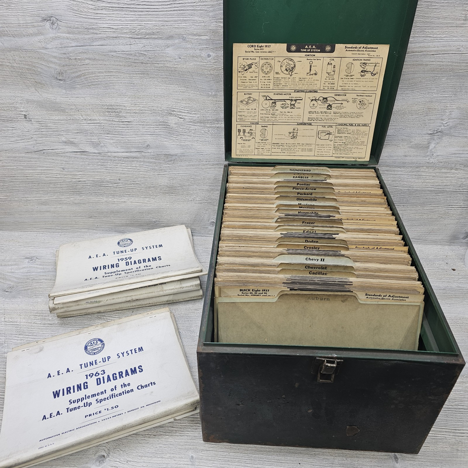 Vintage A.E.A. Tune Up Chart System 991 Cards 30\'s-60\'s & 6 Wiring Diagram Books