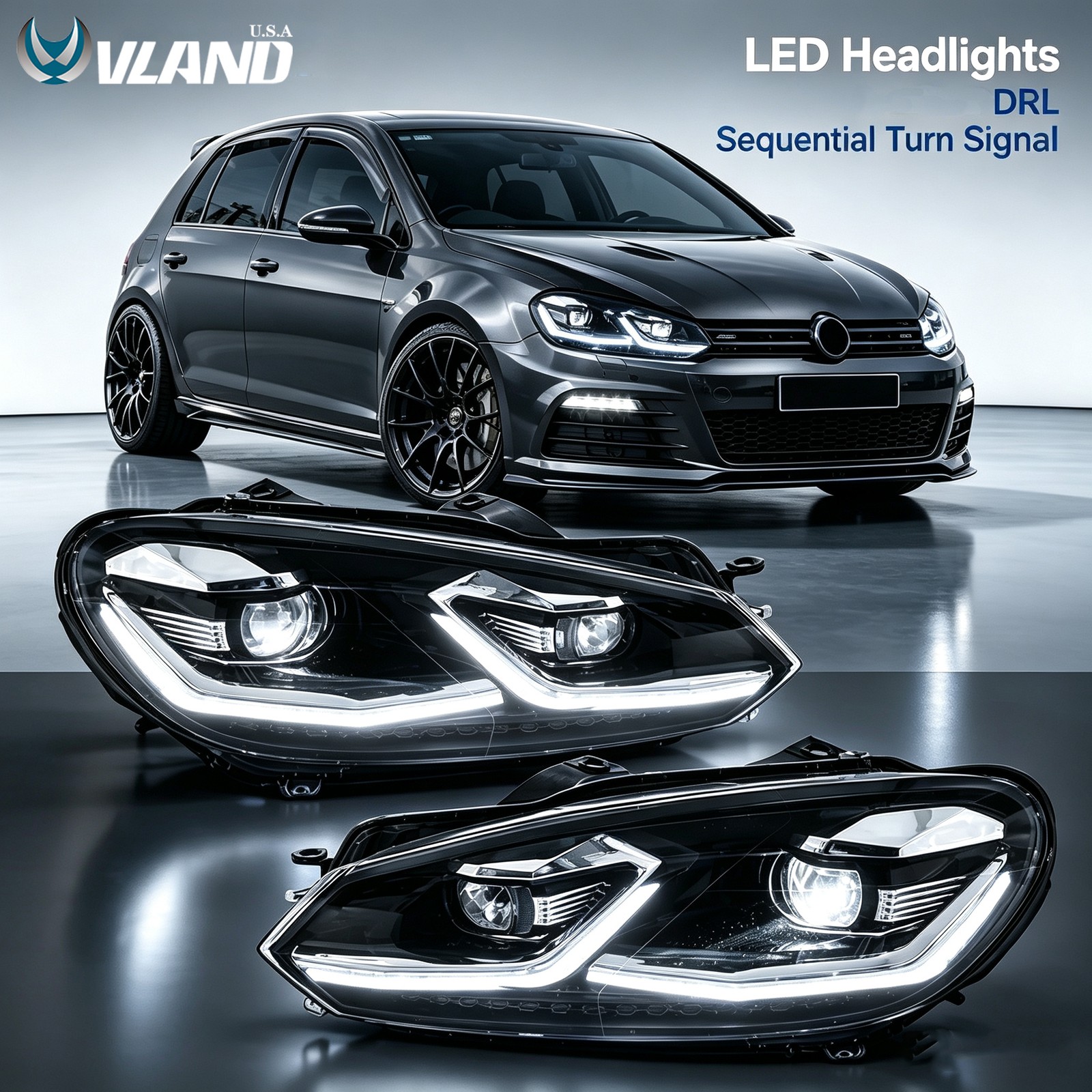 For 2010-14 VW Golf 6 MK6 Full LED Projector Headlights w/Dynamic Animation Pair
