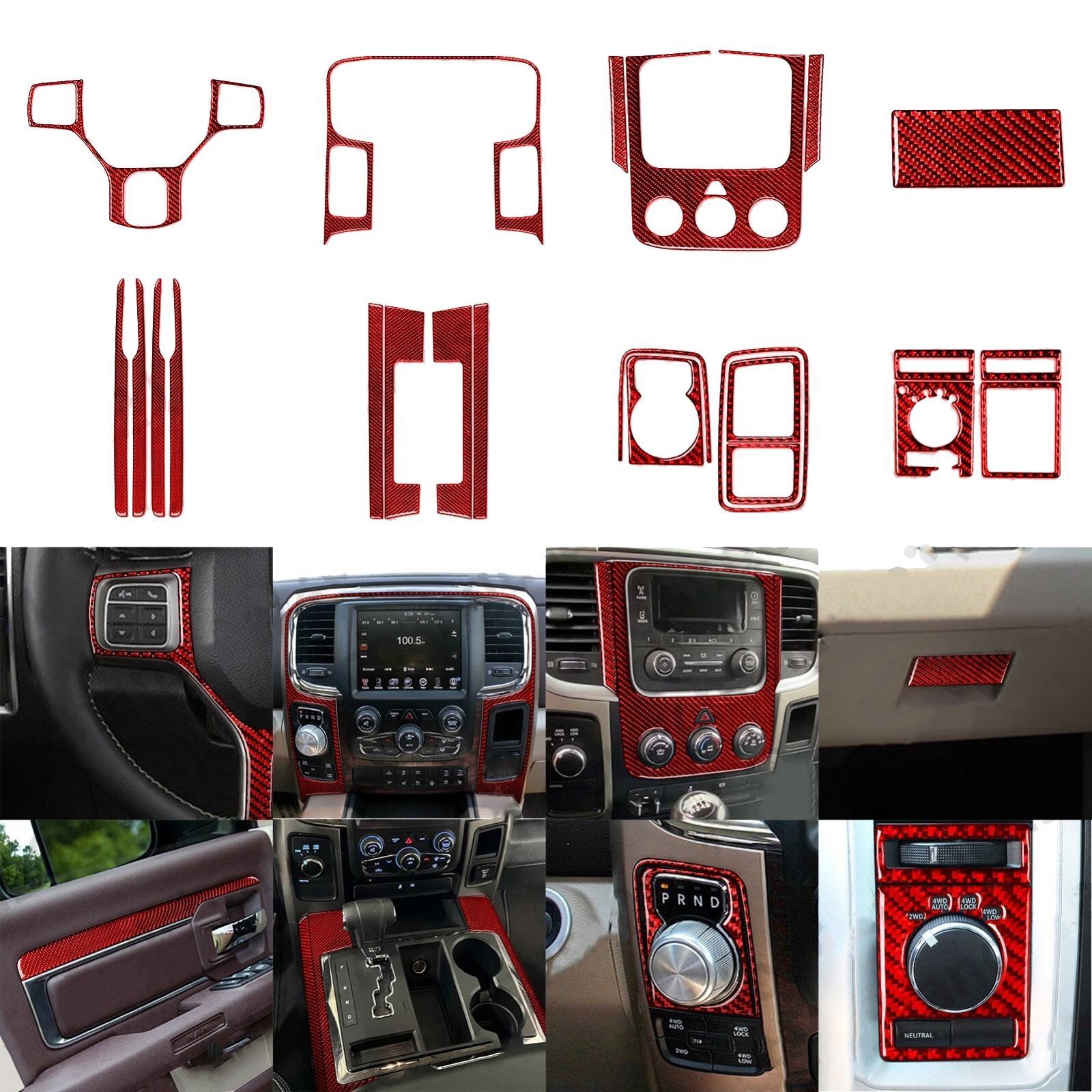 22Pcs Red Carbon Fiber Full Interior Trim Set For Dodge Ram 1500 2500 3500 2013+