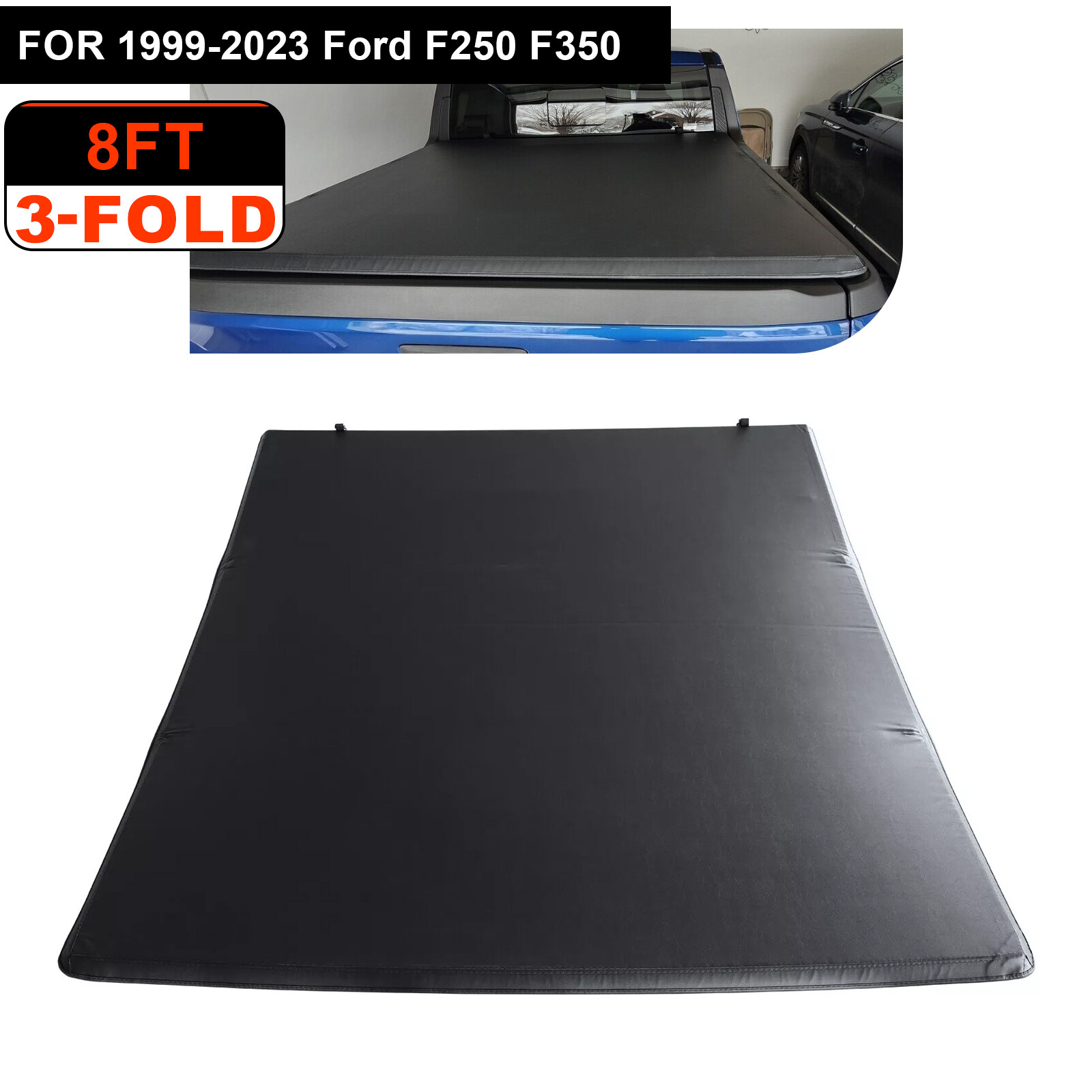 8FT Soft 3-fold Truck Bed Tonneau Cover For 1999-2024 Ford F250 F350 Superduty