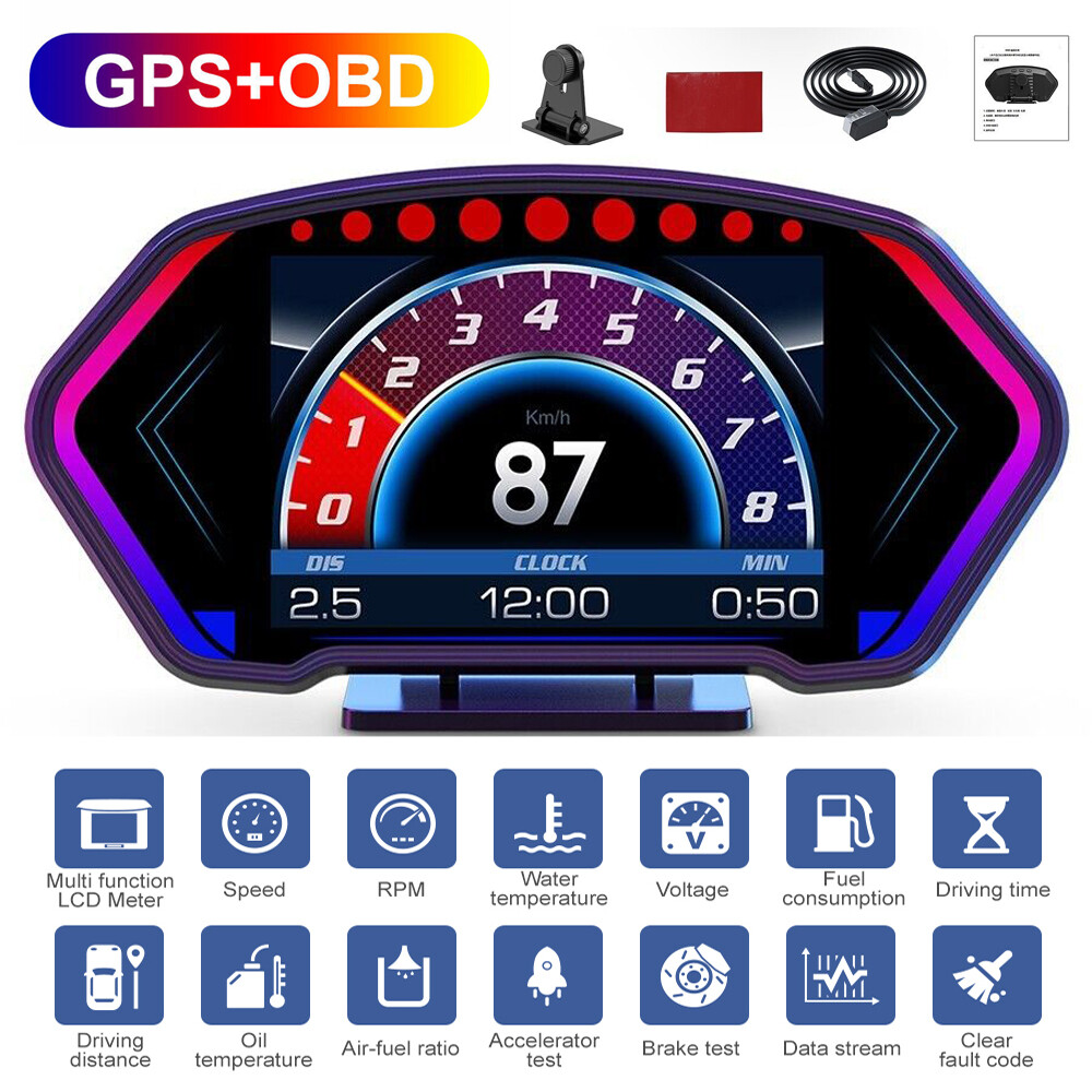ANCEL P3 Head Up Display Speedometer Slope Meter Tachometer Temp Alarm OBD+GPS