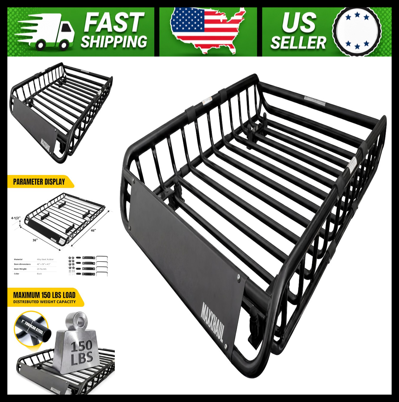 MaxxHaul Steel Roof Rack Cargo Basket 46 x 36 x 4.5 in Universal Carrier