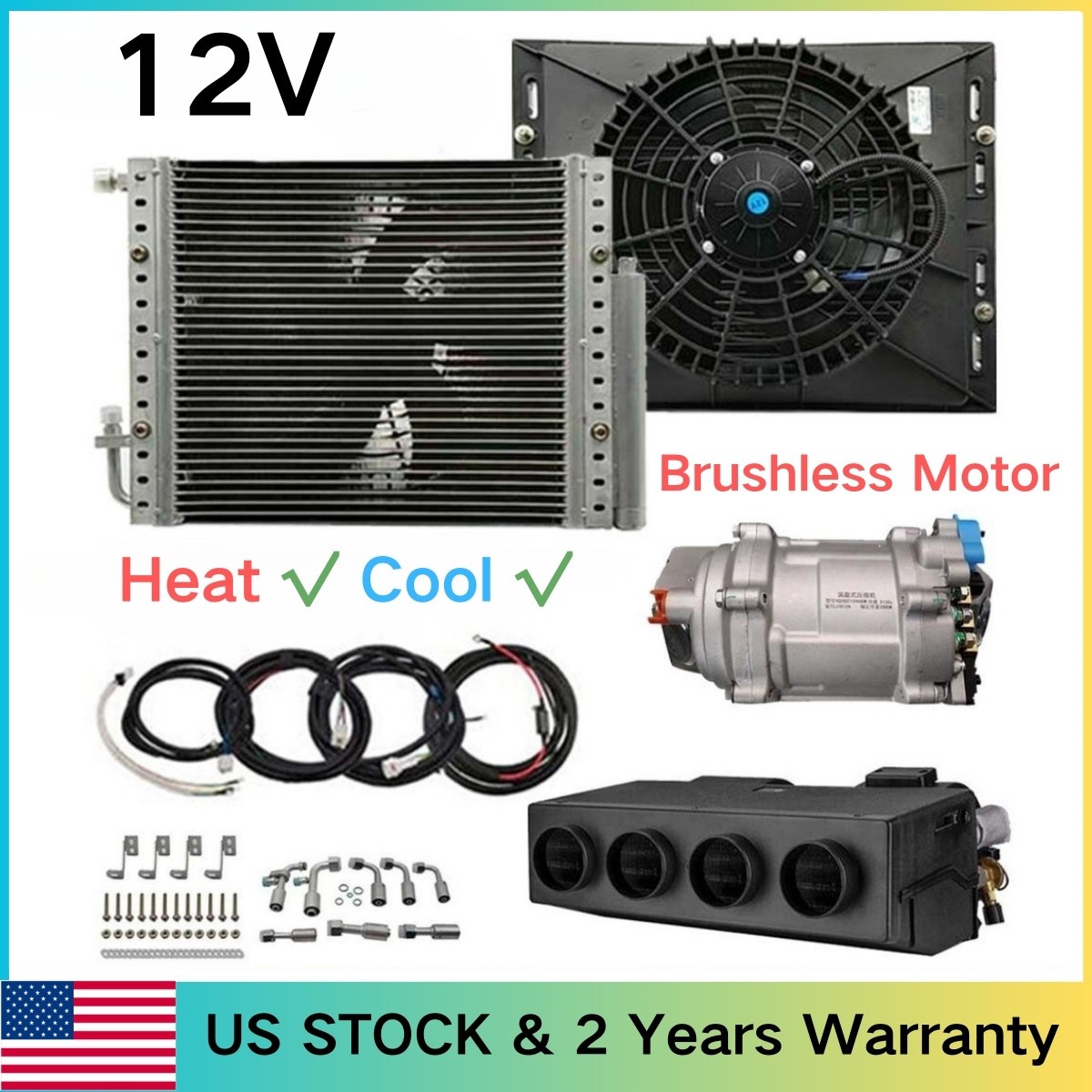 12V Air Conditioner Underdash Car Electric AC Kit Heat&Cool, Brushless Motor Fan