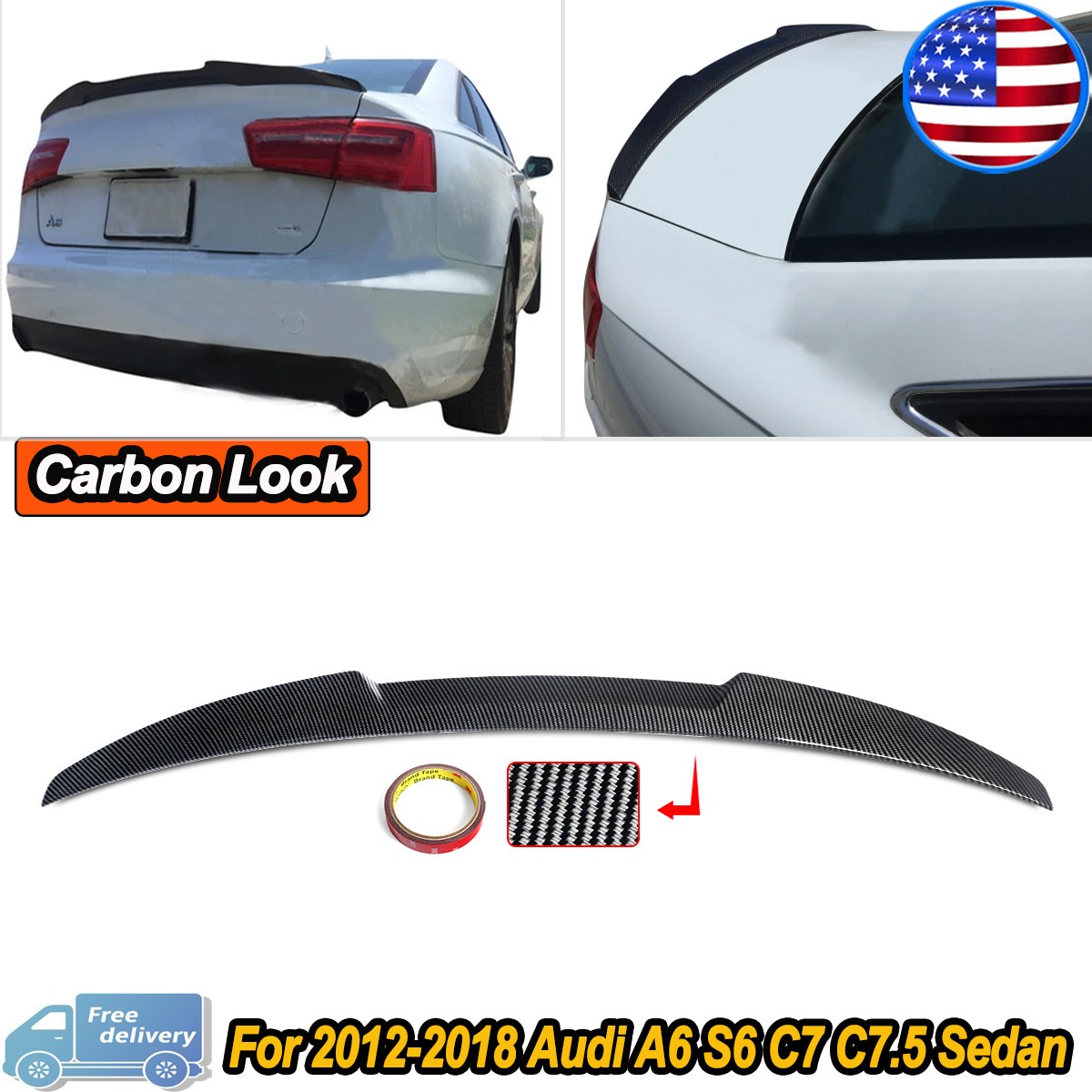 FOR 2012-2018 AUDI A6 S6 C7 C7.5 CARBON PATTERN ABS TRUNK SPOILER HIGH KICK WING