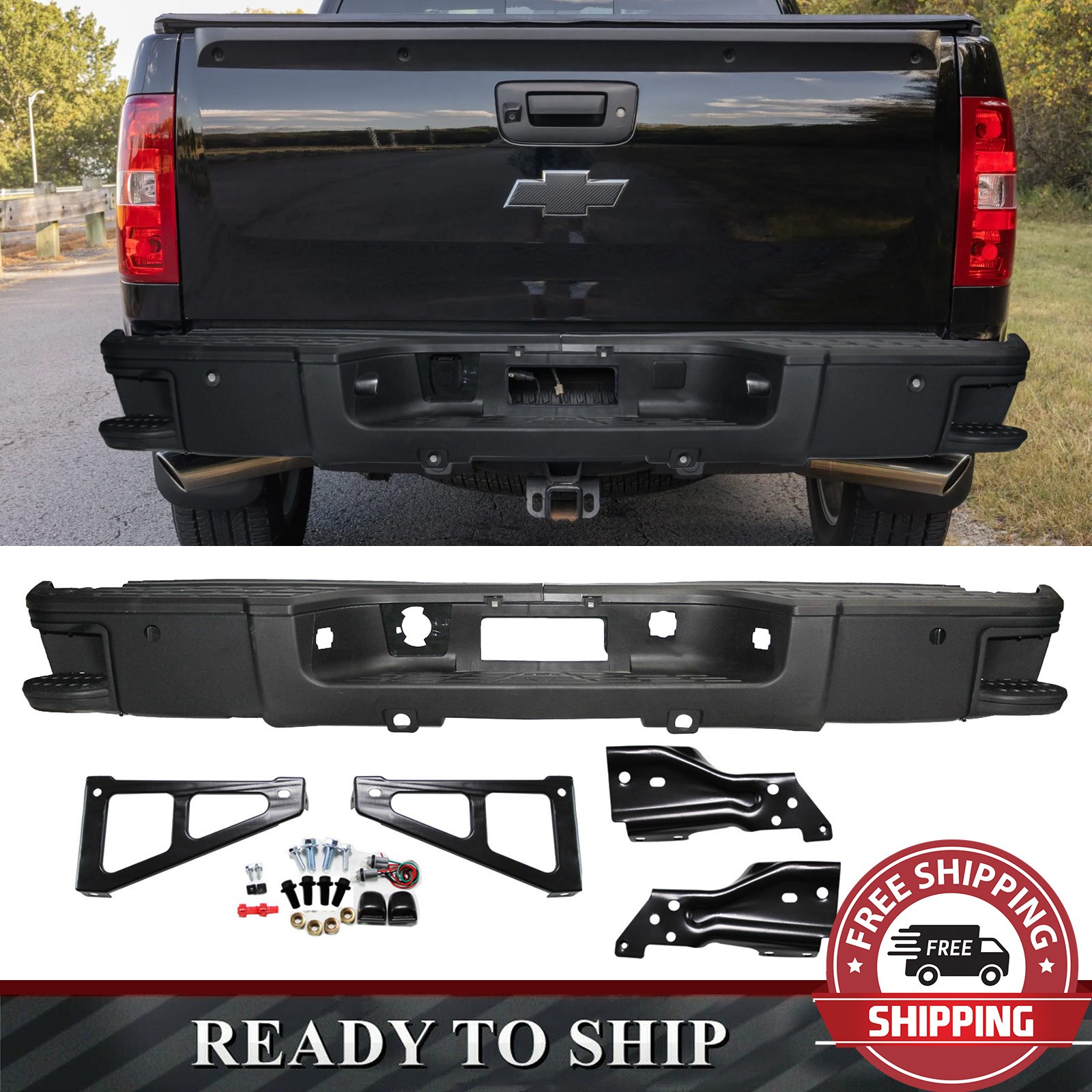 Black Rear Bumper Assembly w/Corner Step For 07-13 Silverado 1500 w/Sensor Holes Black Rear Bumper Assembly w/Corner Step For 07-13 Silverado 1500 w/Sensor Holes