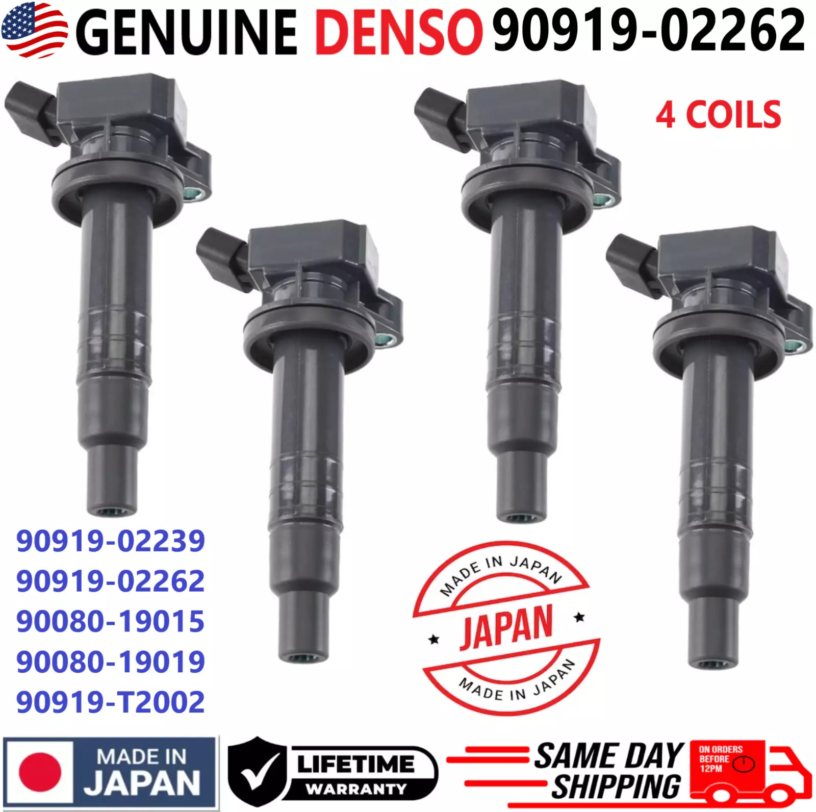 OEM DENSO x4 Ignition Coils For 2000-2008 Toyota & Chevrolet 1.8L I4 90919-02262