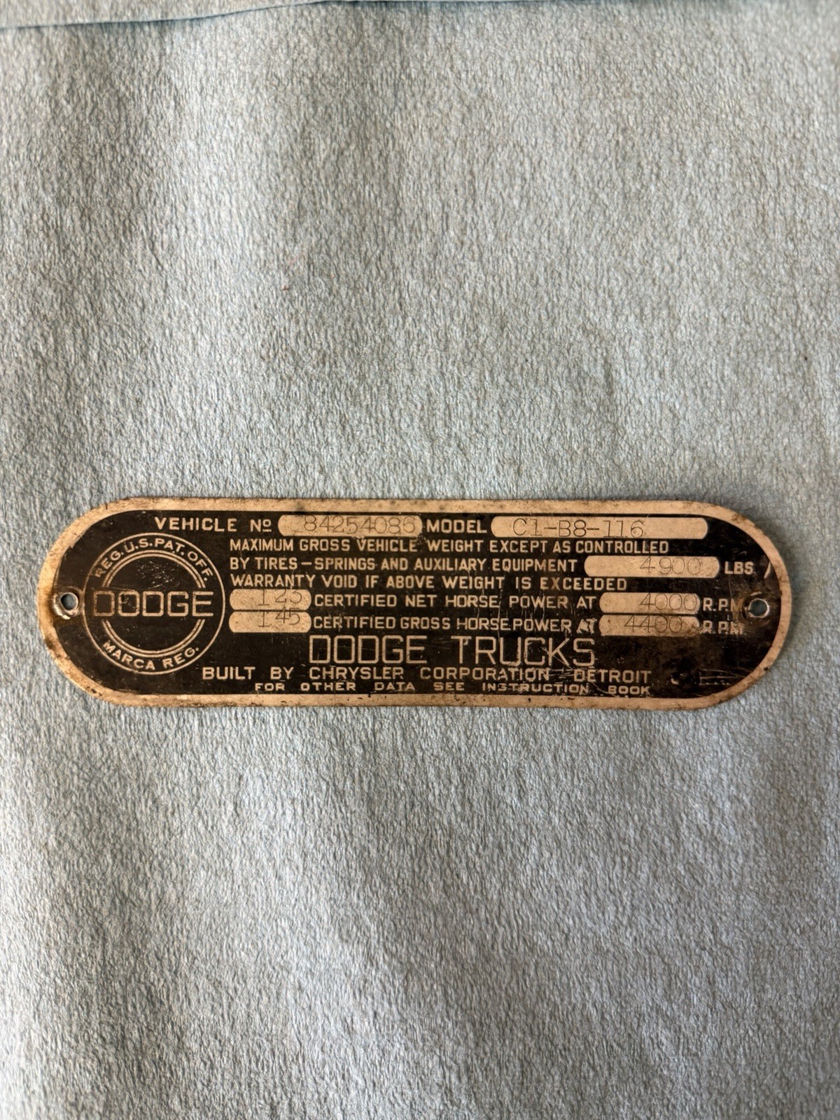 1954 1955 1956 Dodge Truck 1/2 Ton Short Box C-1 Model Serial Tag Factory Stamp 1954 1955 1956 Dodge Truck 1/2 Ton Short Box C-1 Model Serial Tag Factory Stamp