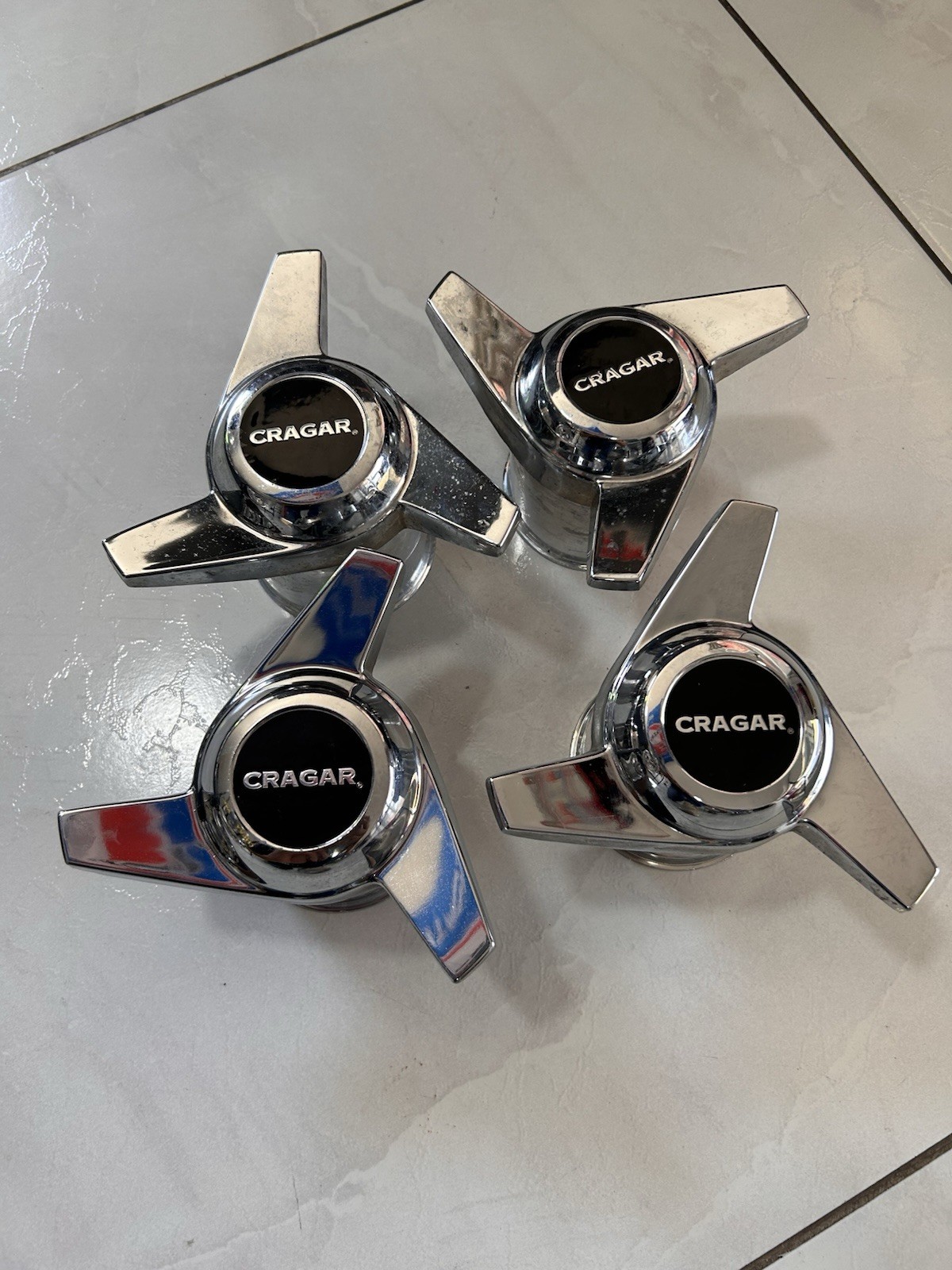 Set of 4 Vintage Cragar Custom  3 Bar Spinner Center Caps Hard to Find