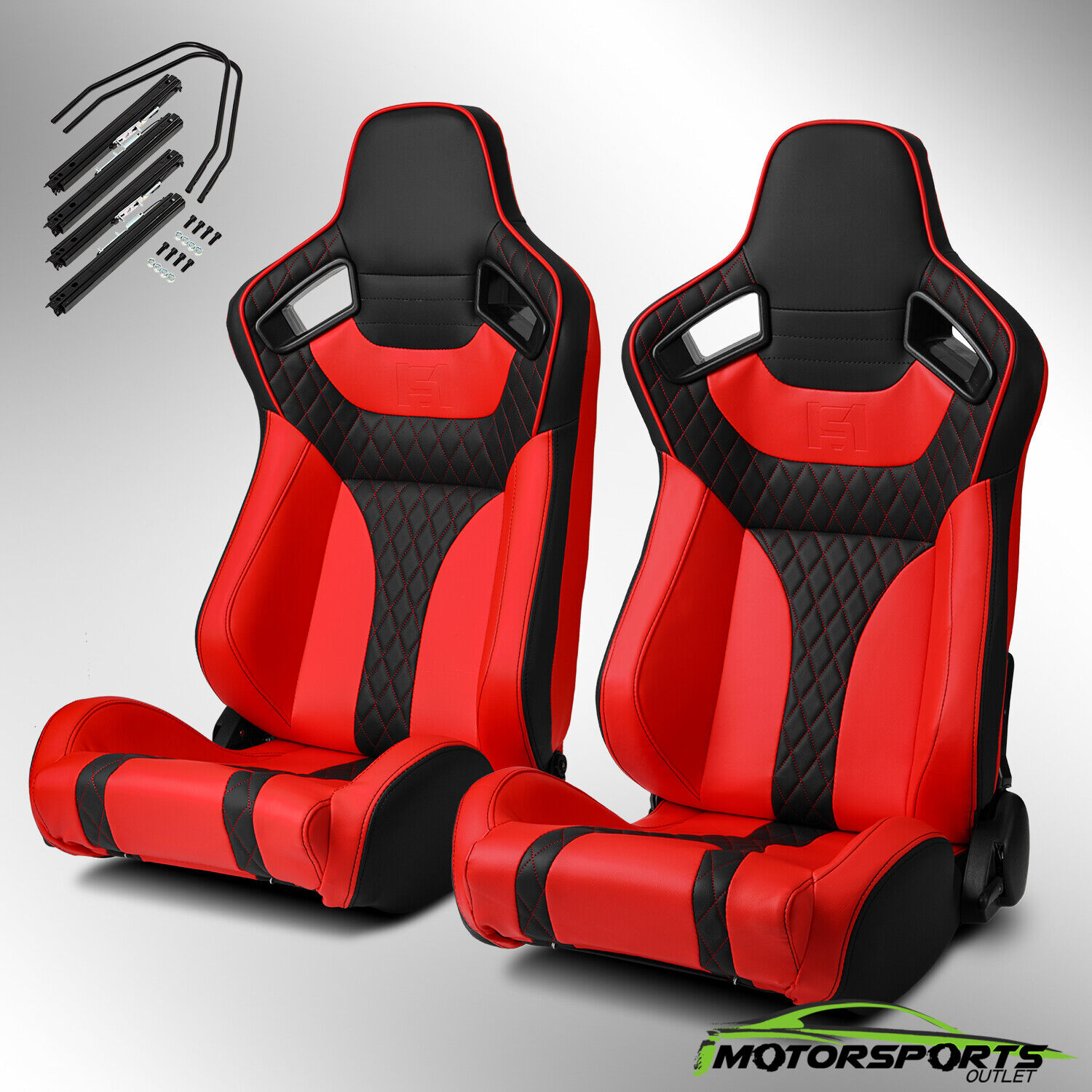 2x Universal Main Black + Red Side PVC Leather Reclinable Sport Racing Seats