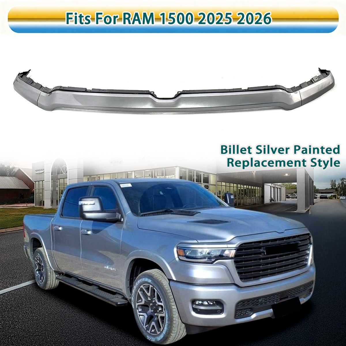 For 2025 2026 Ram 1500 Front Bumper Grille Upper Hood Molding Trim Billet Silver