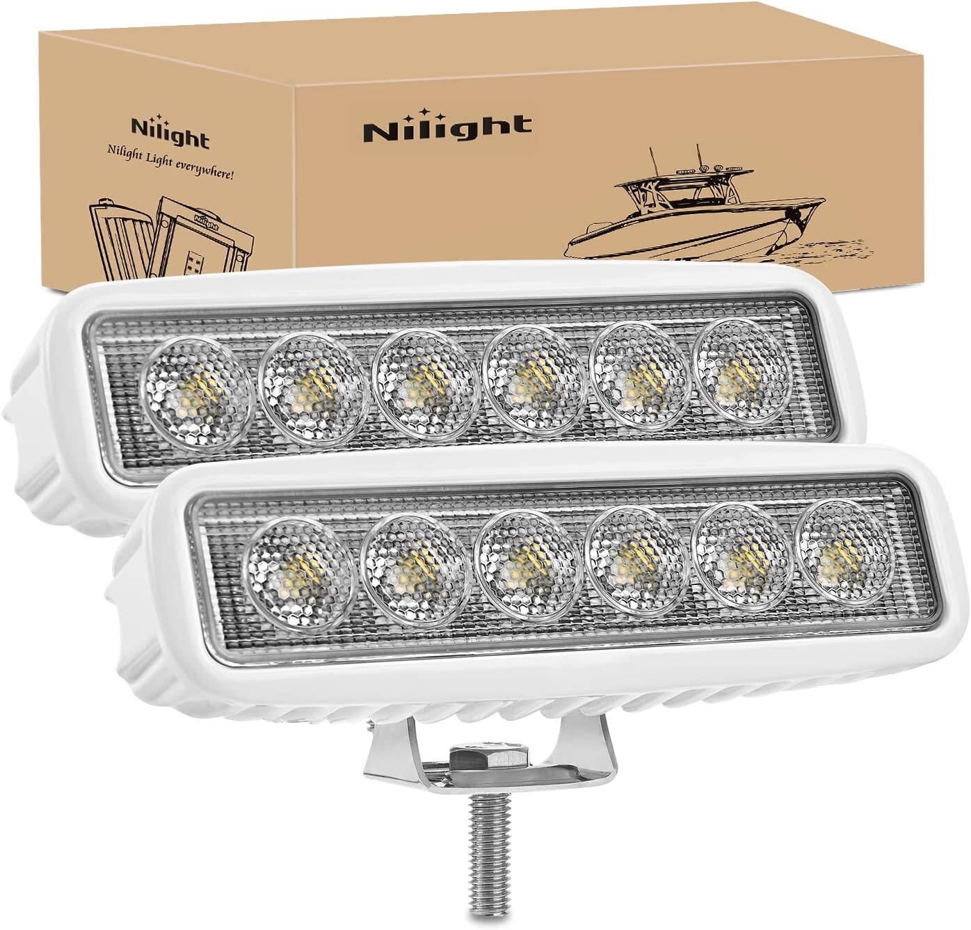 Nilight Marine Led Light Bar 2PCS 18W White 150?? Flood Beam LED Lights