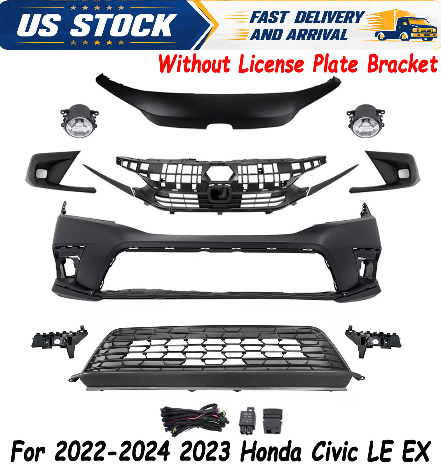 New Front Bumper Cover Kit W/O License Plate Fit 2022-2024 Honda Civic 1.5L 2.0L