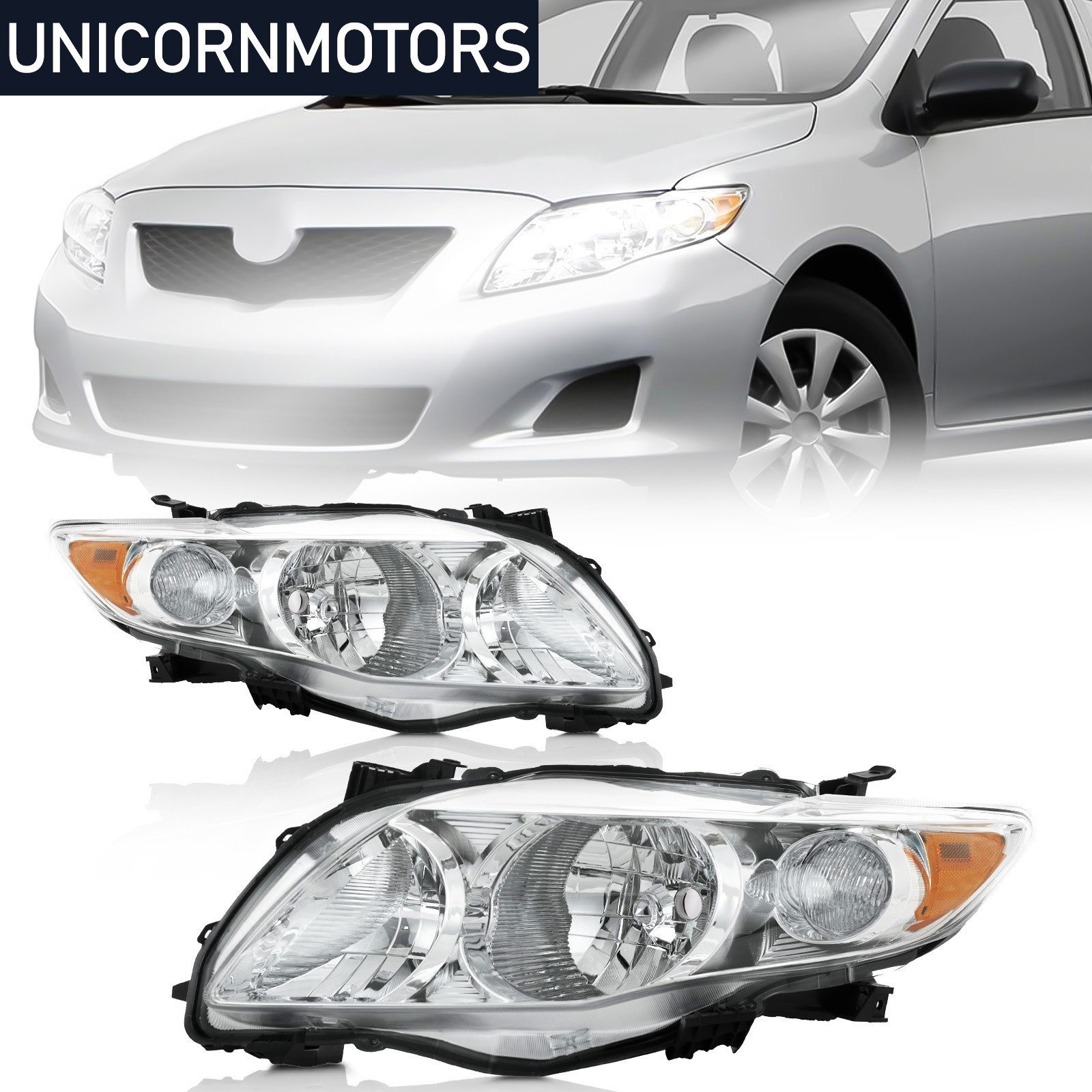Pair Chrome Headlights For 2009-2010 Toyota Corolla LH+RH TO2502182 TO2503182