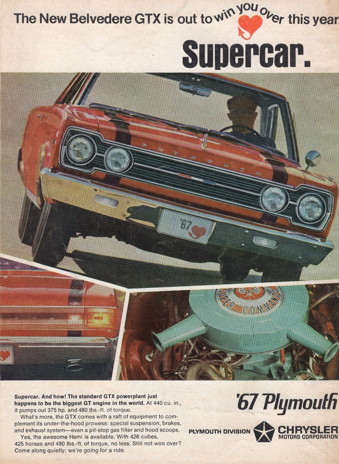1967 PLYMOUTH BELVEDERE GTX 440 & HEMI FULL PAGE FULL COLOR ORIGINAL VINTAGE  AD