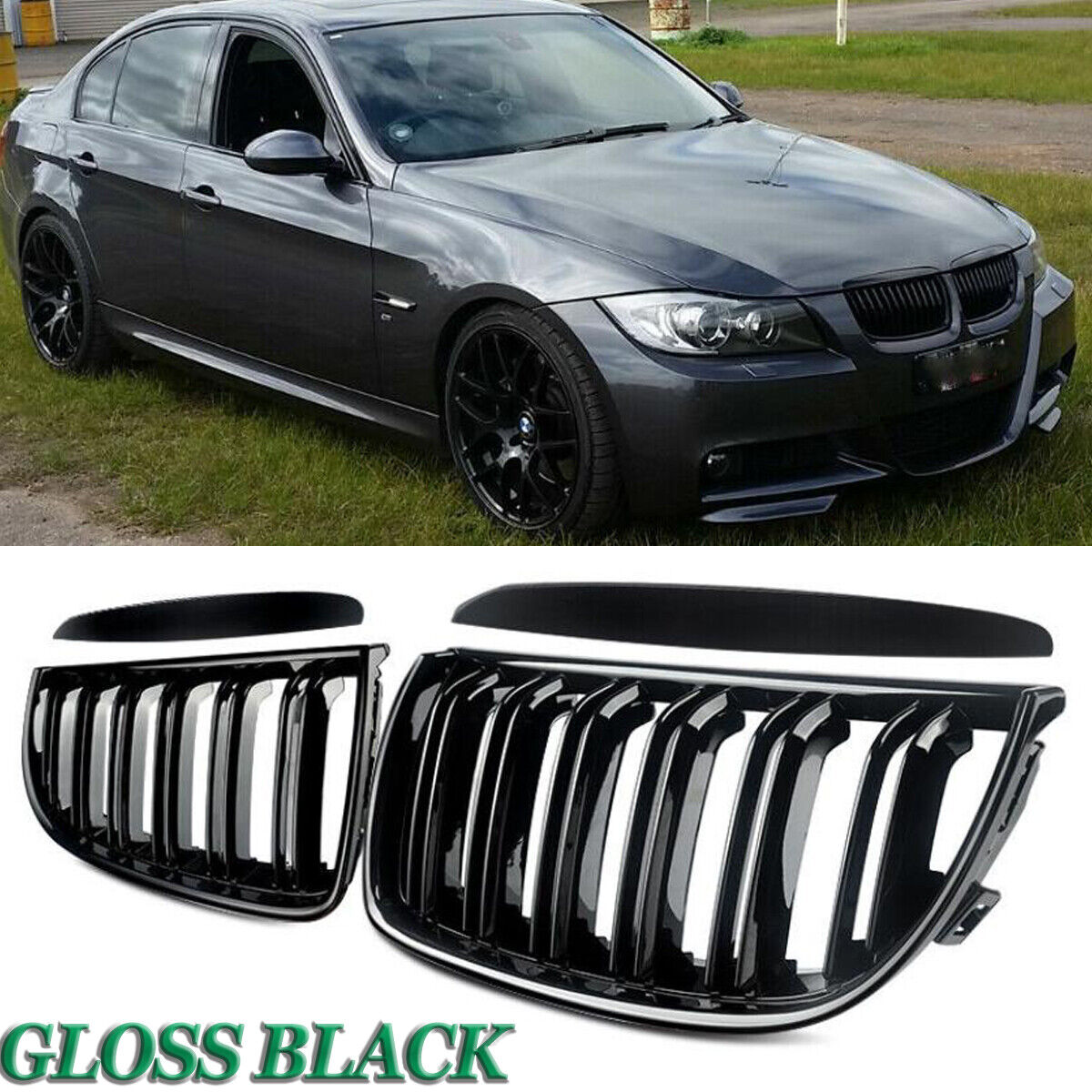 2X Gloss Black Front Kidney Grille Grill For BMW E90 E91 4DR 2005-08 Pre-LCI