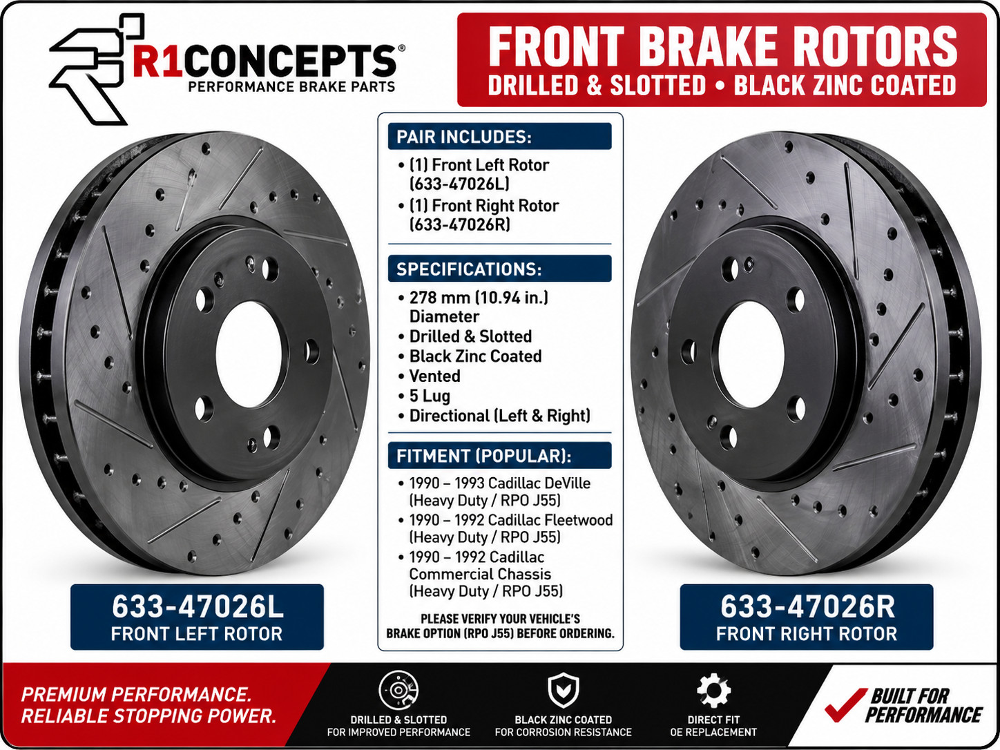 1990-1993 Cadillac DeVille Fleetwood Front Drilled Slotted Brake Rotors J55 HD