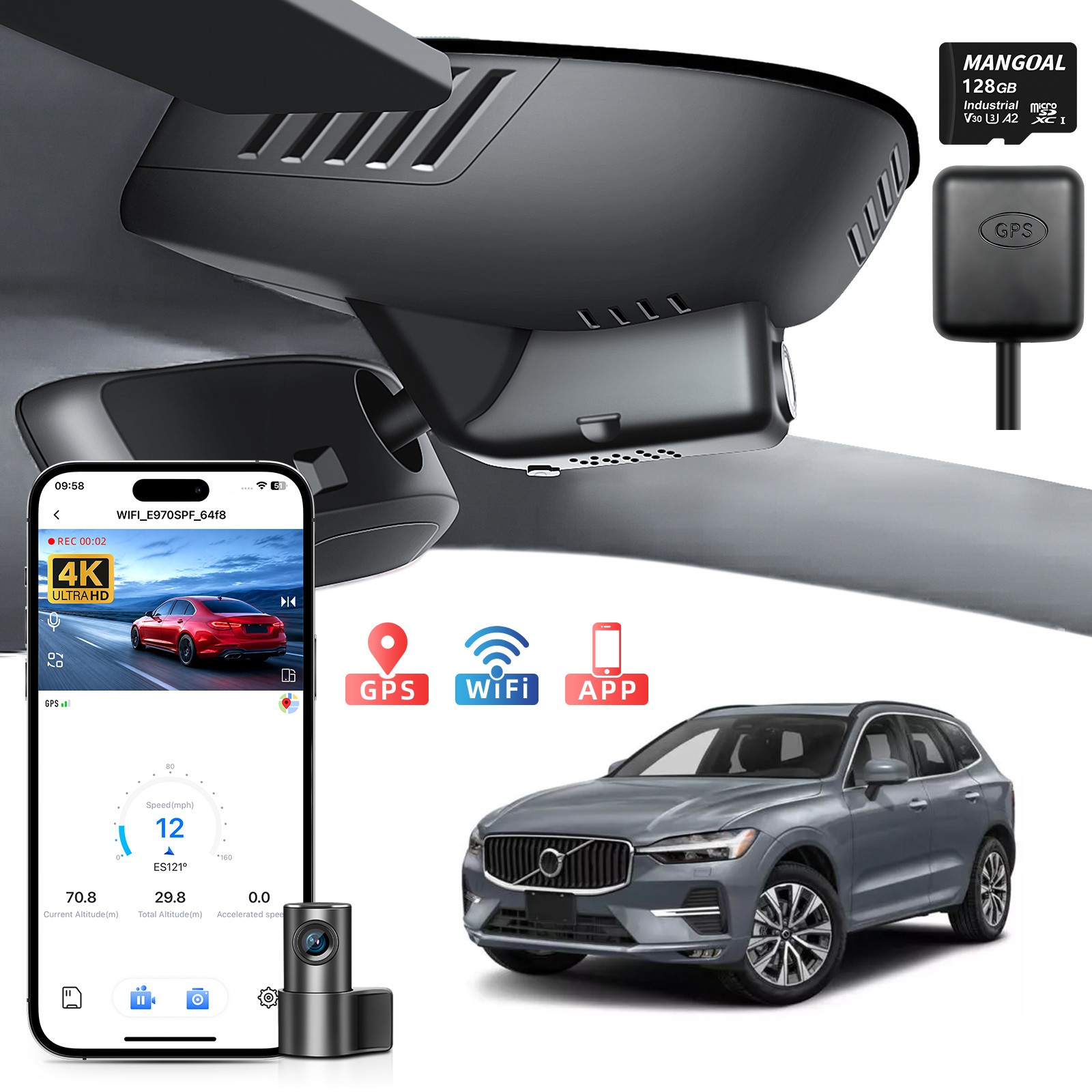 Mangoal Front 4K+Rear 1080P HRD Dashcam OEM Look Custom for Volvo XC60 2022-2026