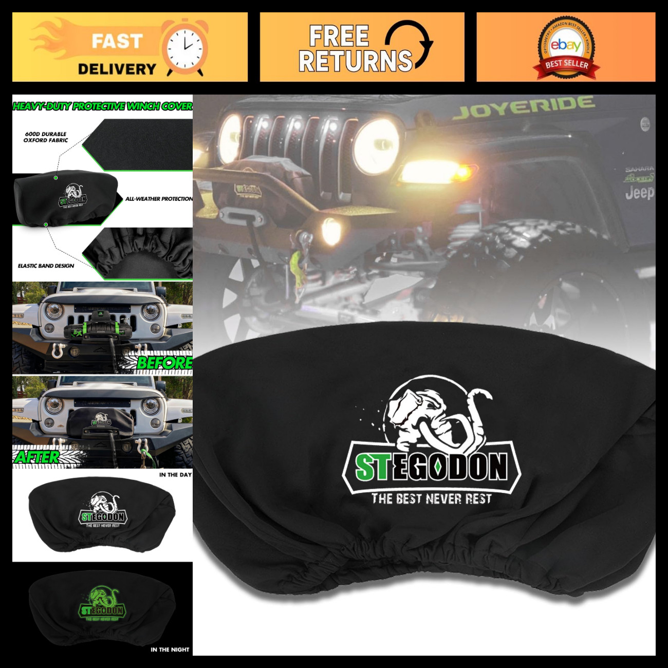 Heavy Duty Waterproof Winch Cover - UV-Resistant Neoprene, Fits 8000-13000 lbs