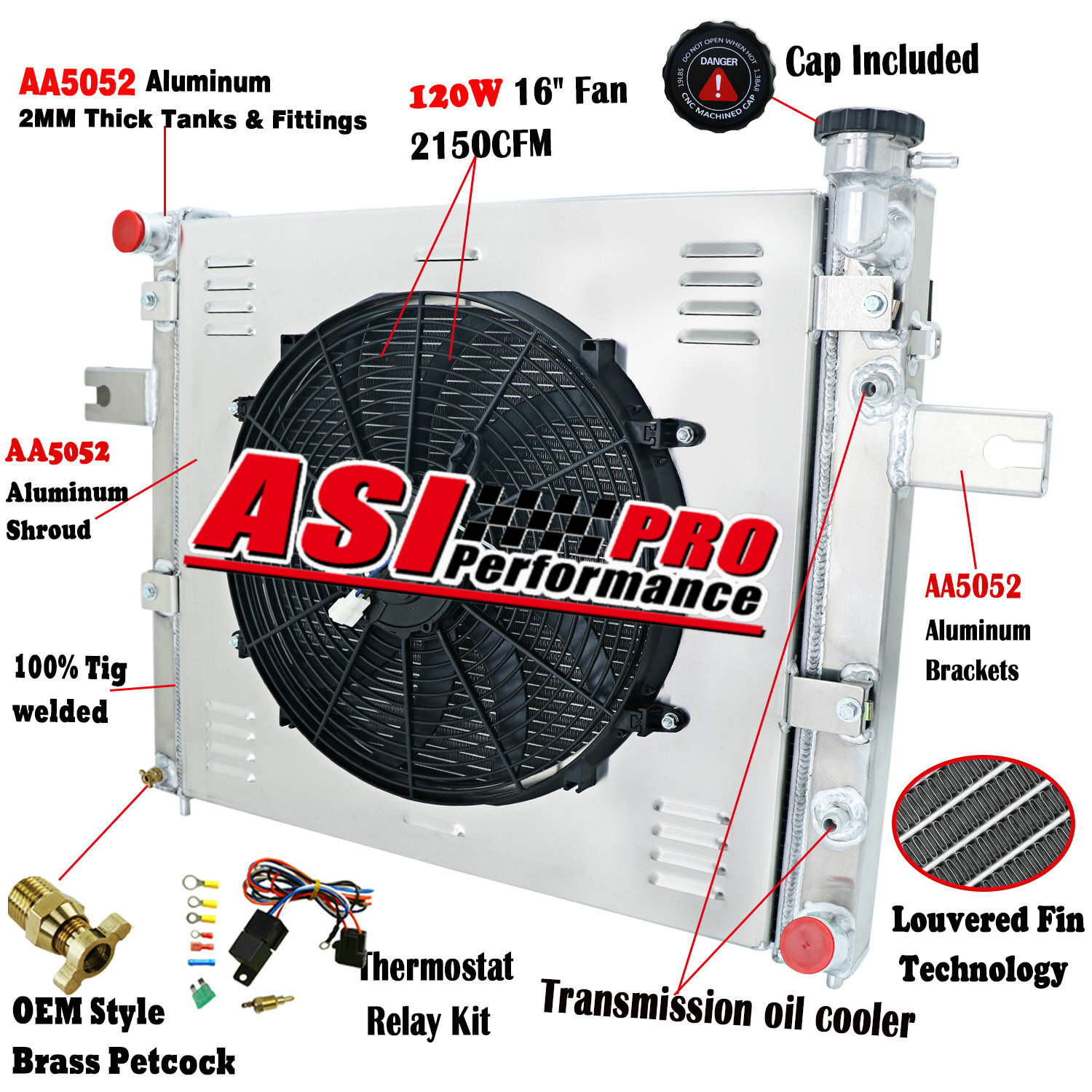 4 Row Aluminum Radiator Shroud Fan For 99-2000 Jeep Grand Cherokee 4.7L V8