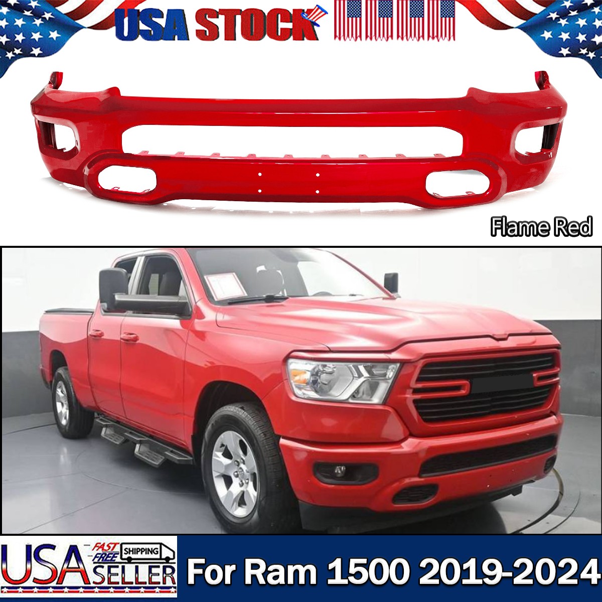 New Flame Red PR4 Steel Front Bumper Lower Face Bar For Dodge Ram 1500 2019-24
