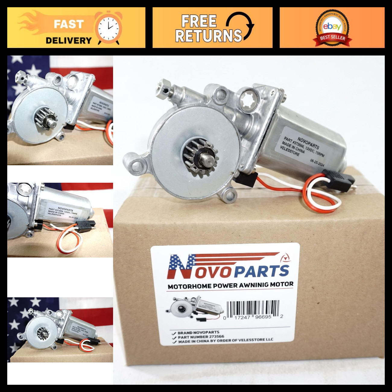 Universal RV Power Awning Motor 75-RPM 12V Replacement with 2-Way Connector