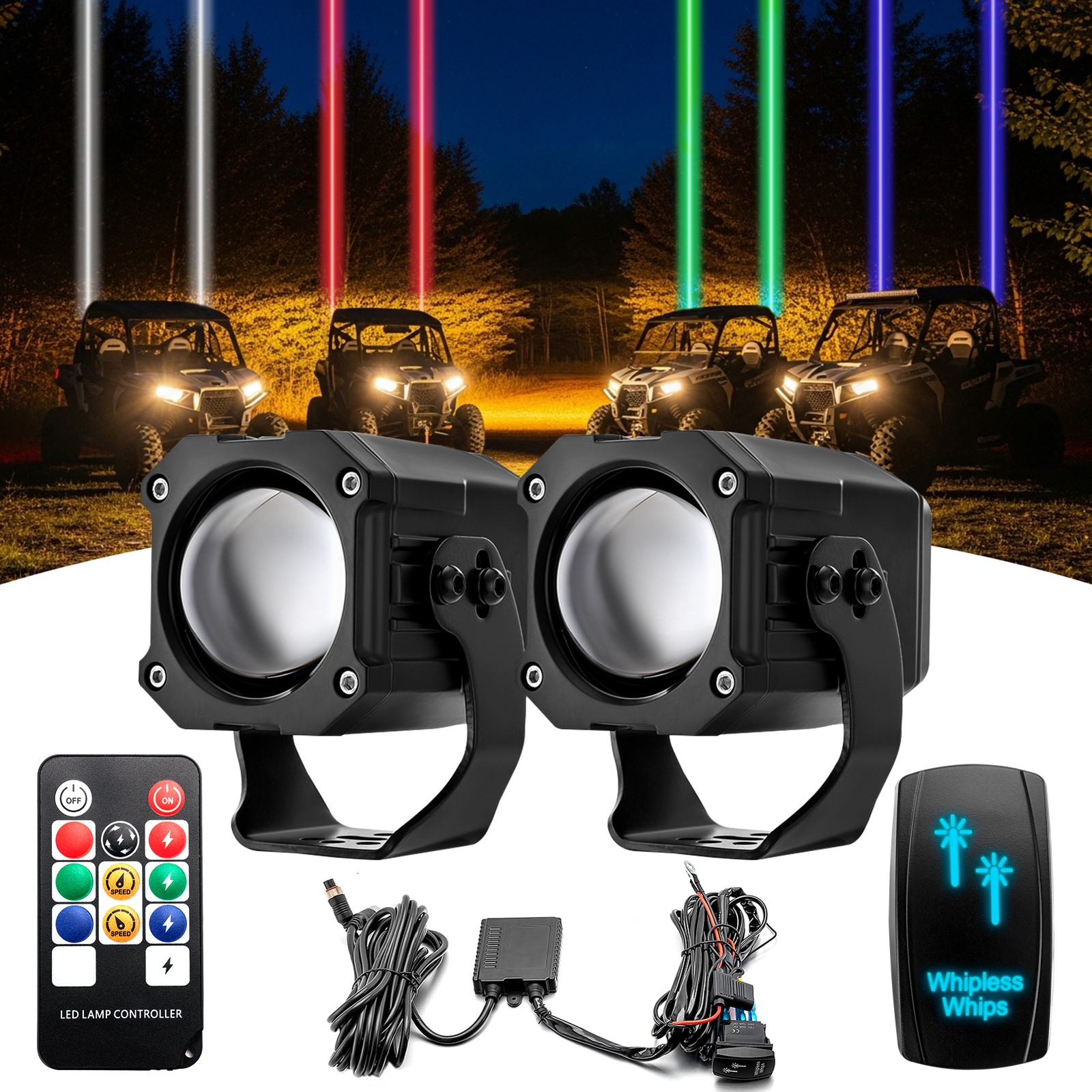 2x Laser RGBW LED Whip Lights Whipless Antenna Remote For Polaris Can Am ATV UTV