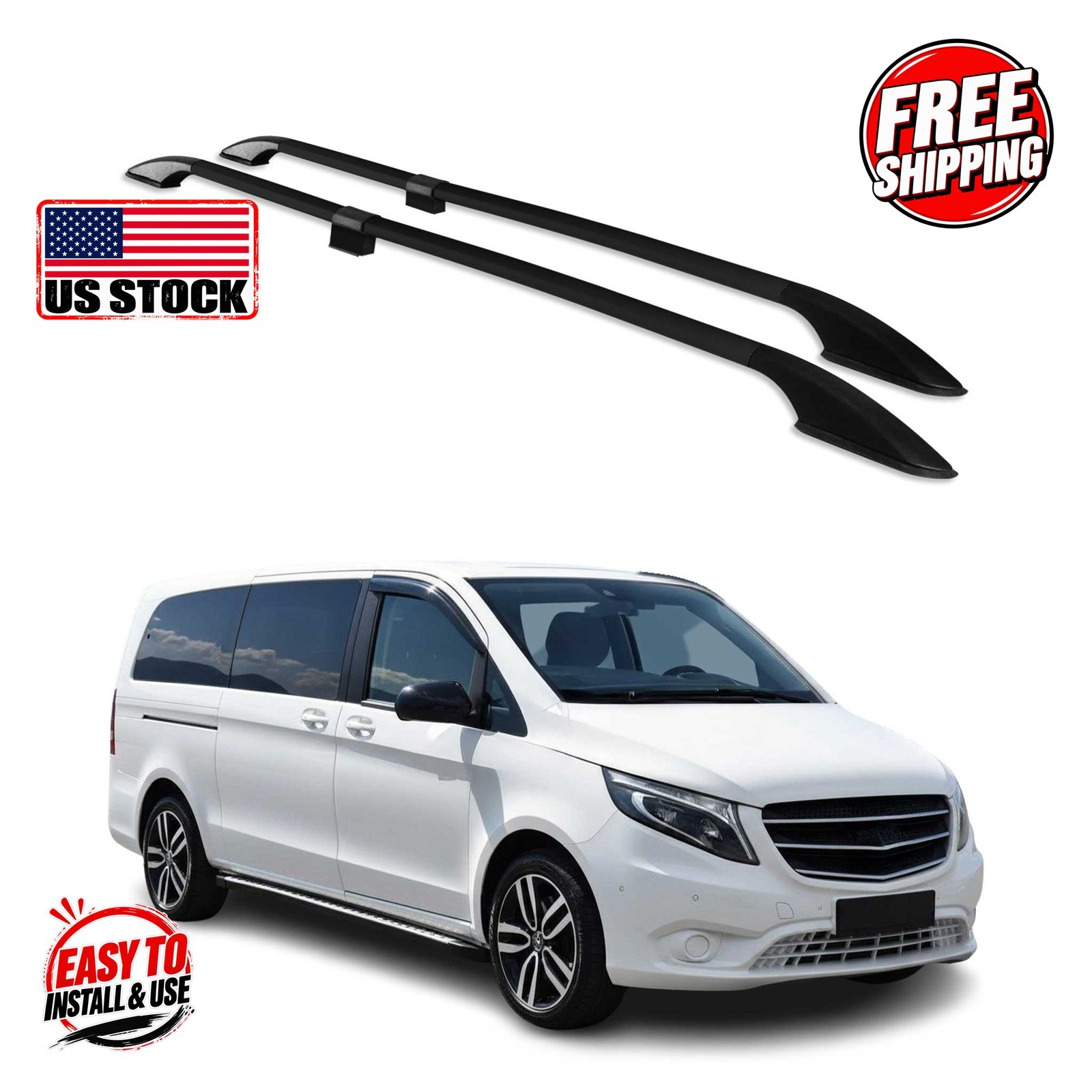 MERCEDES VITO W639 W447 2003+ L3 Long Roof Rails Solid Alu Black 2 Pcs