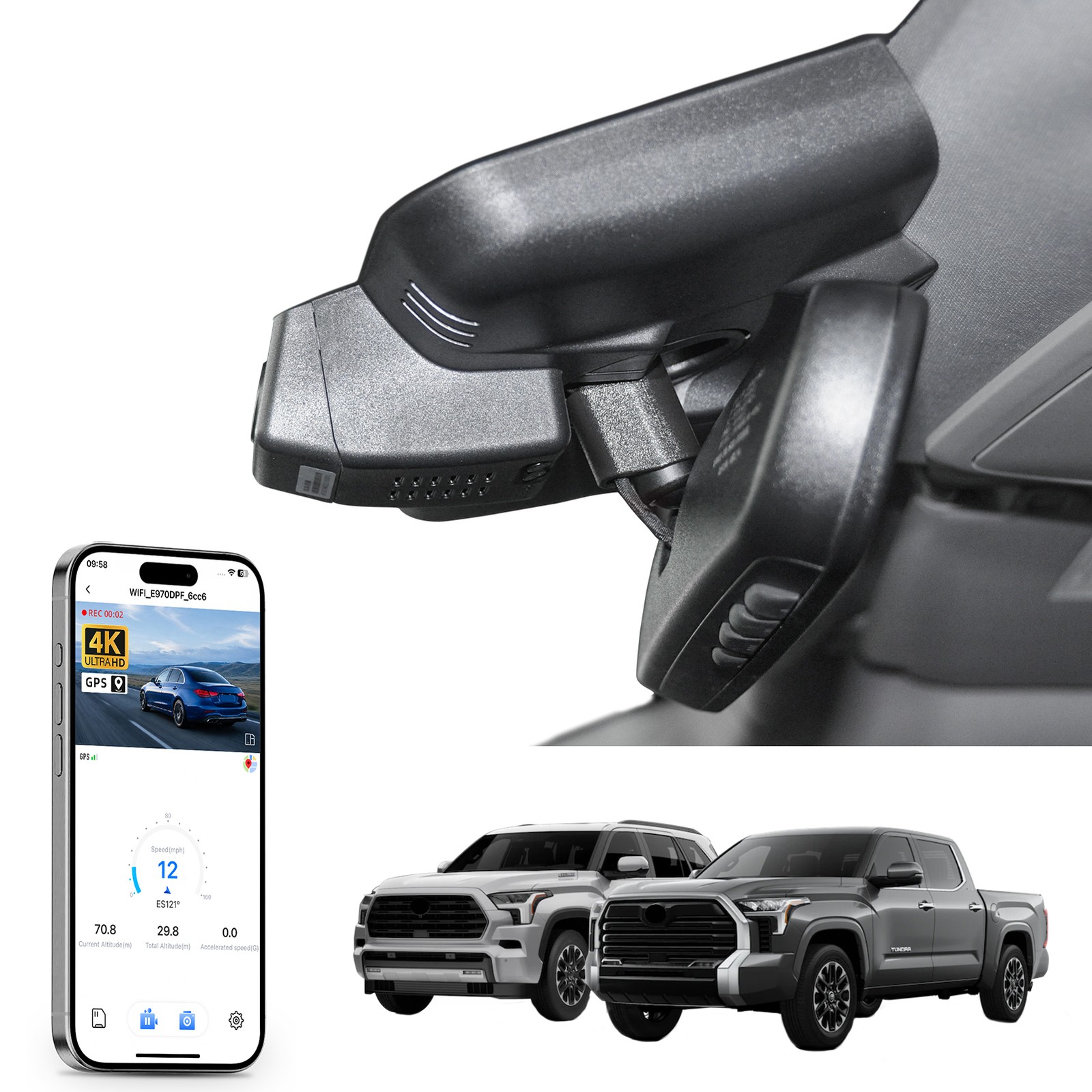 Front 4K/Rear 1080P Dash Cam for Toyota Tundra 2022-2026 & Sequoia 2023-2026 GPS
