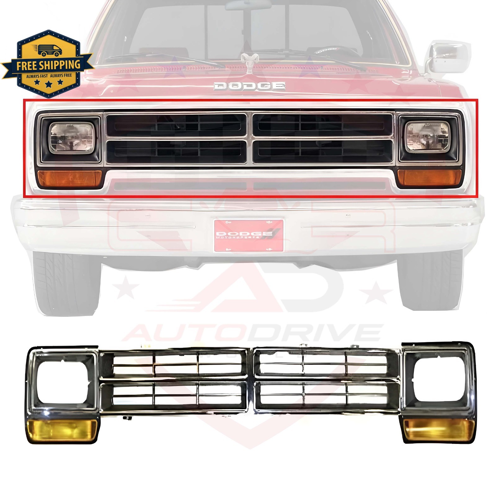 New Grille Chrome + Headlight Bezels For 1986-1990 Dodge D/W Series Ramcharger