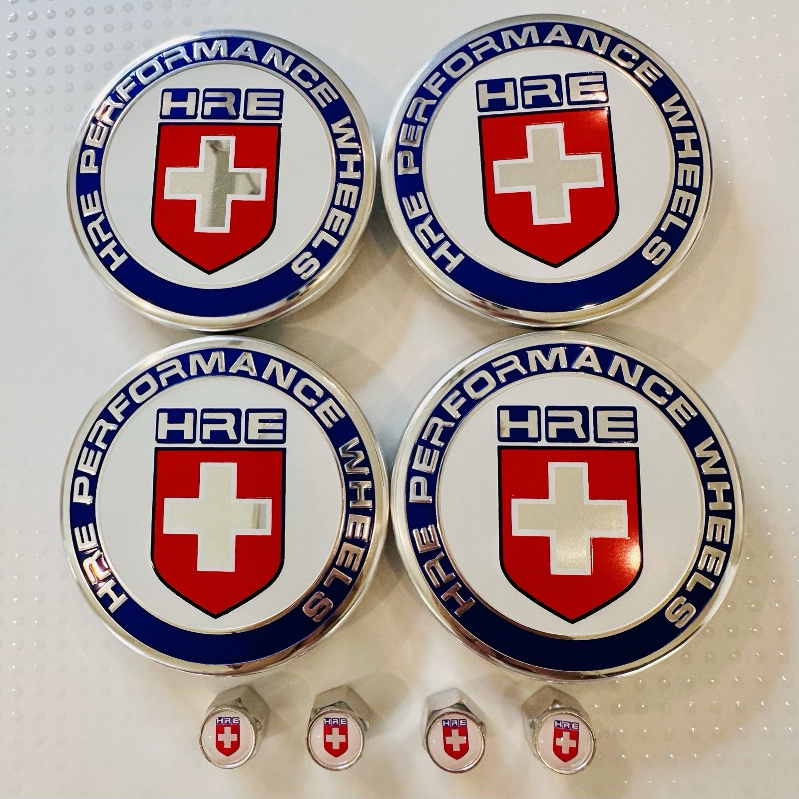 4pc HRE Red White Blue 63mm Center Caps XC635HRE—2PC & 4pc Chrome Valve Caps -MB
