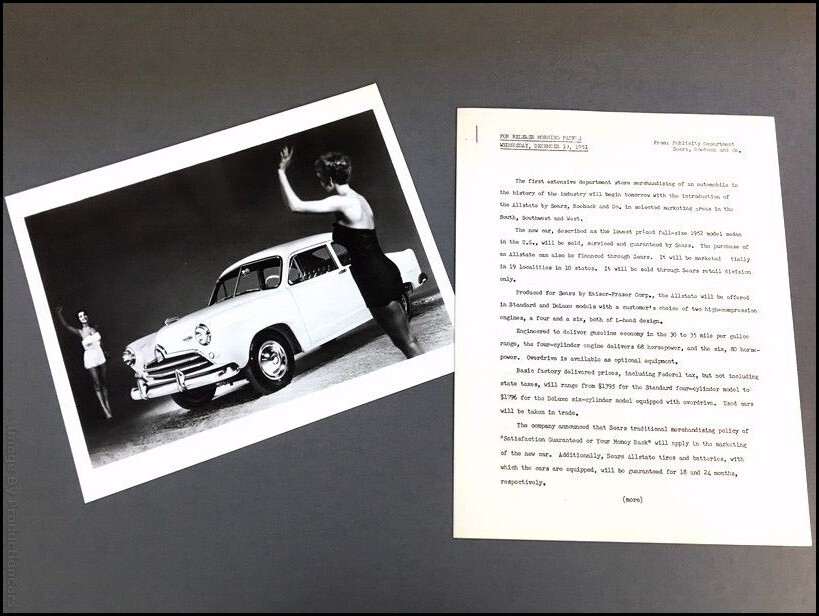 1952 Sears Allstate Vintage Original Car Factory Photo - Press Release Brochure