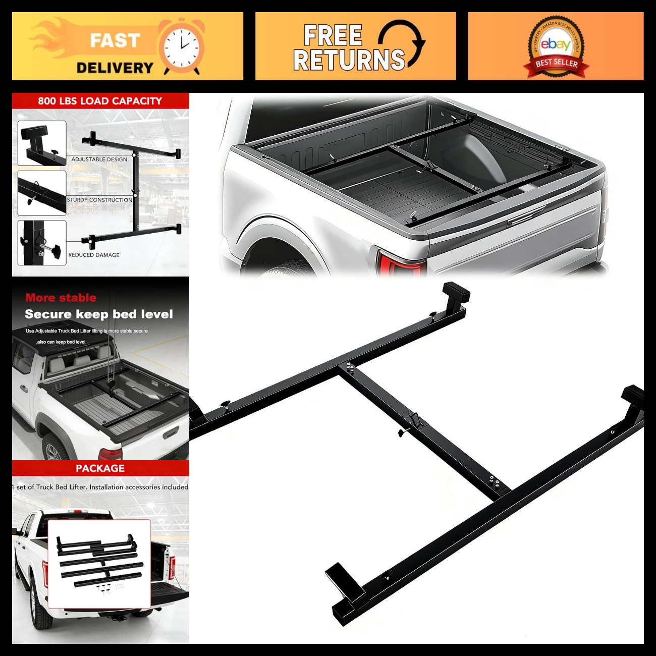 Heavy-Duty Truck Bed Lifter Box for Pickup Trucks, 800 lbs Capacity, Black
