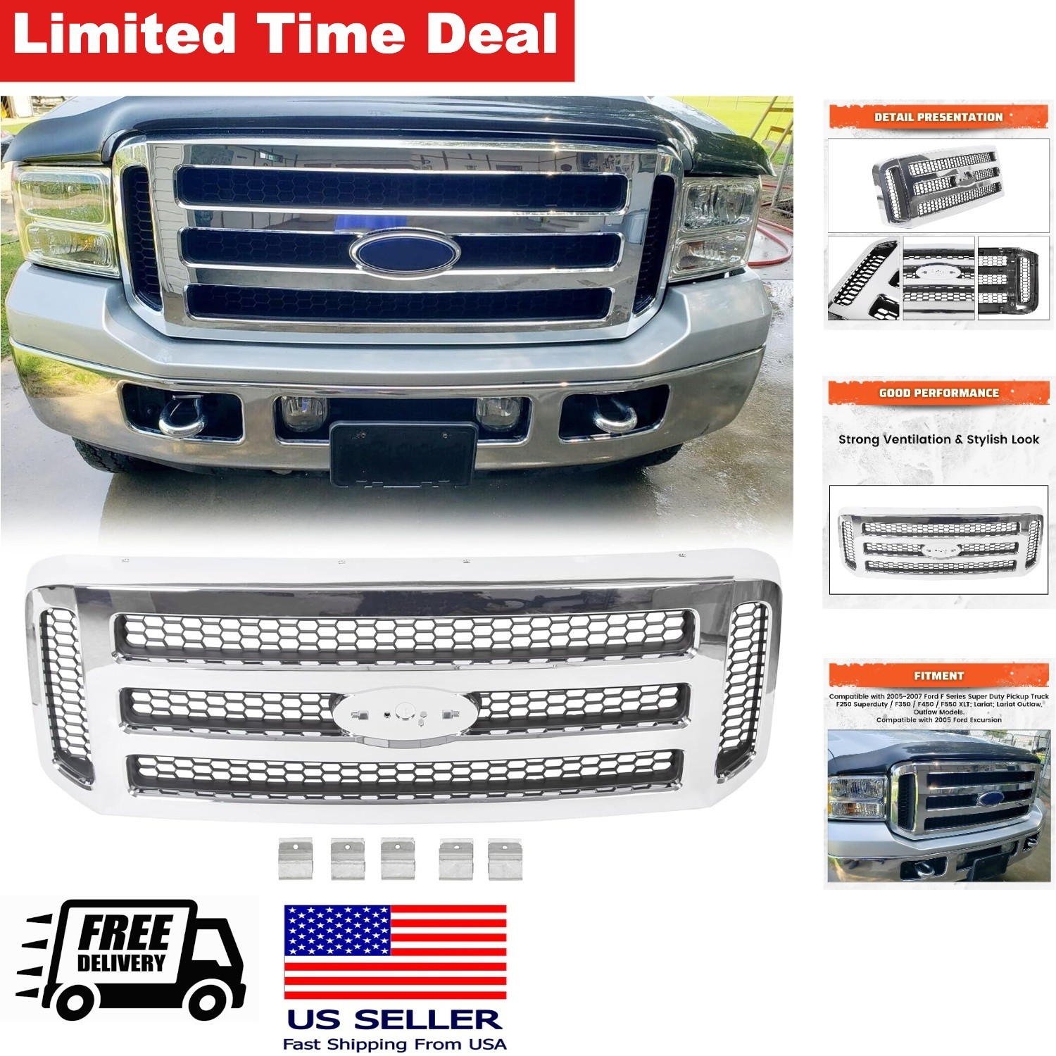 Grille Assembly Compatible with 2005-2007 Ford F250 F350 F450 Super Duty