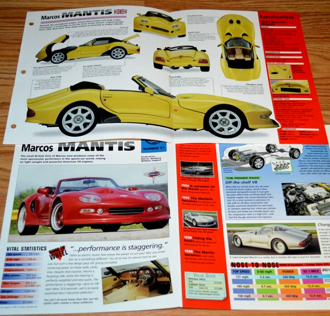 1999 Marcos Mantis Original Poster Brochure Specs Info 99 Ford V8