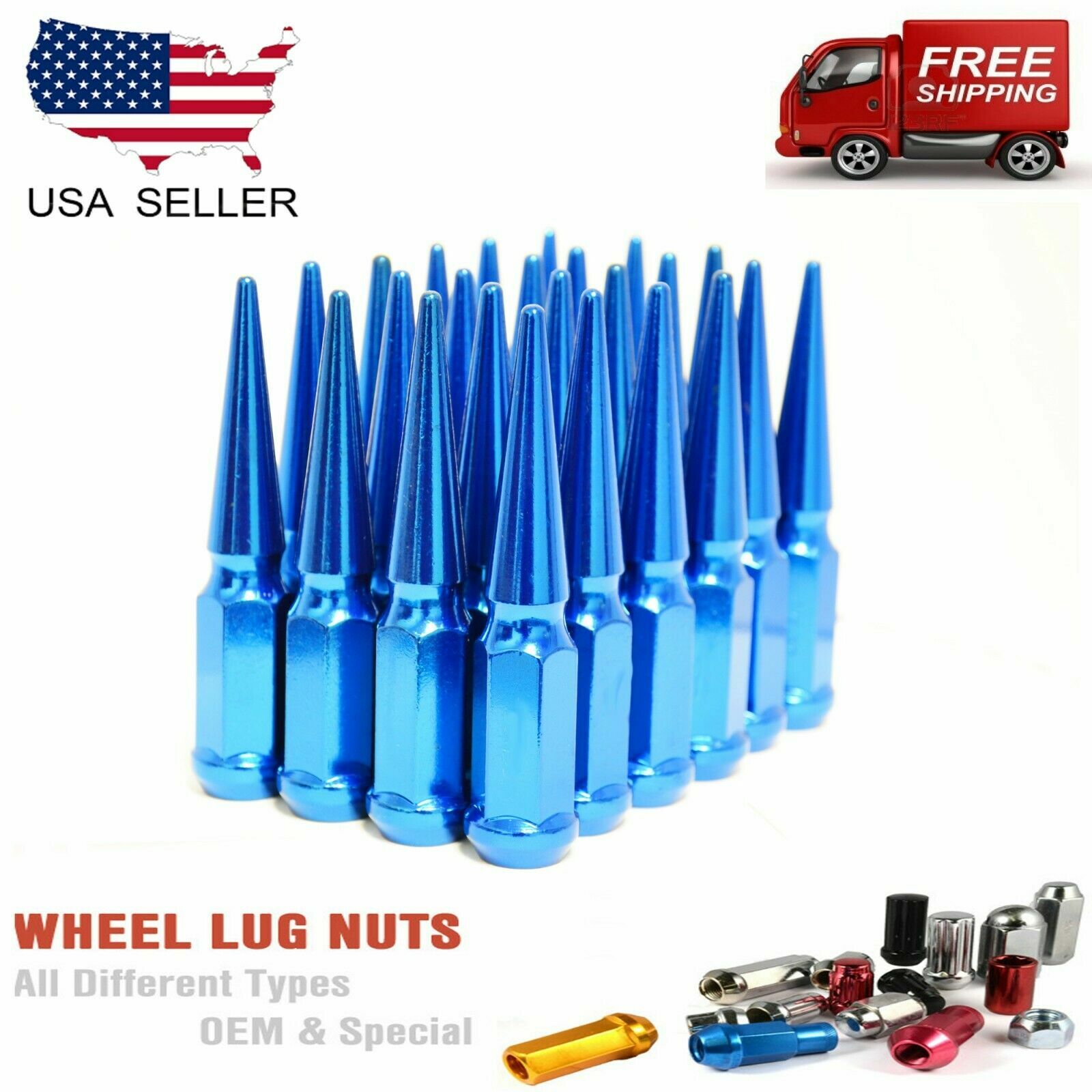 24PC 1/2x20 BLUE 4.5” SPIKE LUG NUTS + KEY FITS DODGE/CHEVY/JEEP/FORD/GMC 