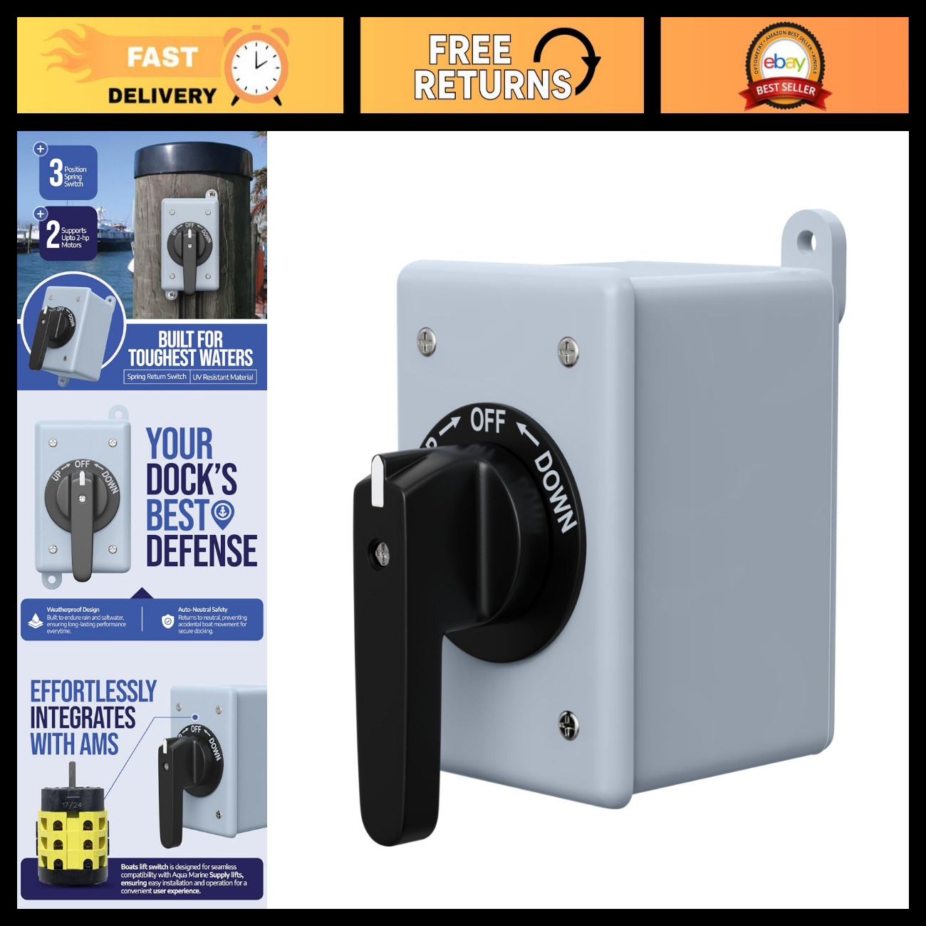 3-Position Boat Lift Switch - Precision Control for Up to 2-HP Motors, Durable S 3-Position Boat Lift Switch - Precision Control for Up to 2-HP Motors, Durable S